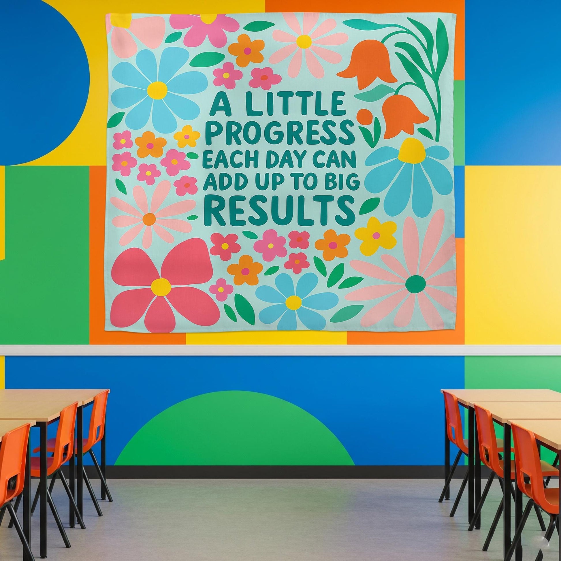 Motivational Classroom Tapestry, A Little Progress Each Quote, Floral Wall Decor for Teachers, Growth Mindset School Poster, Back To School