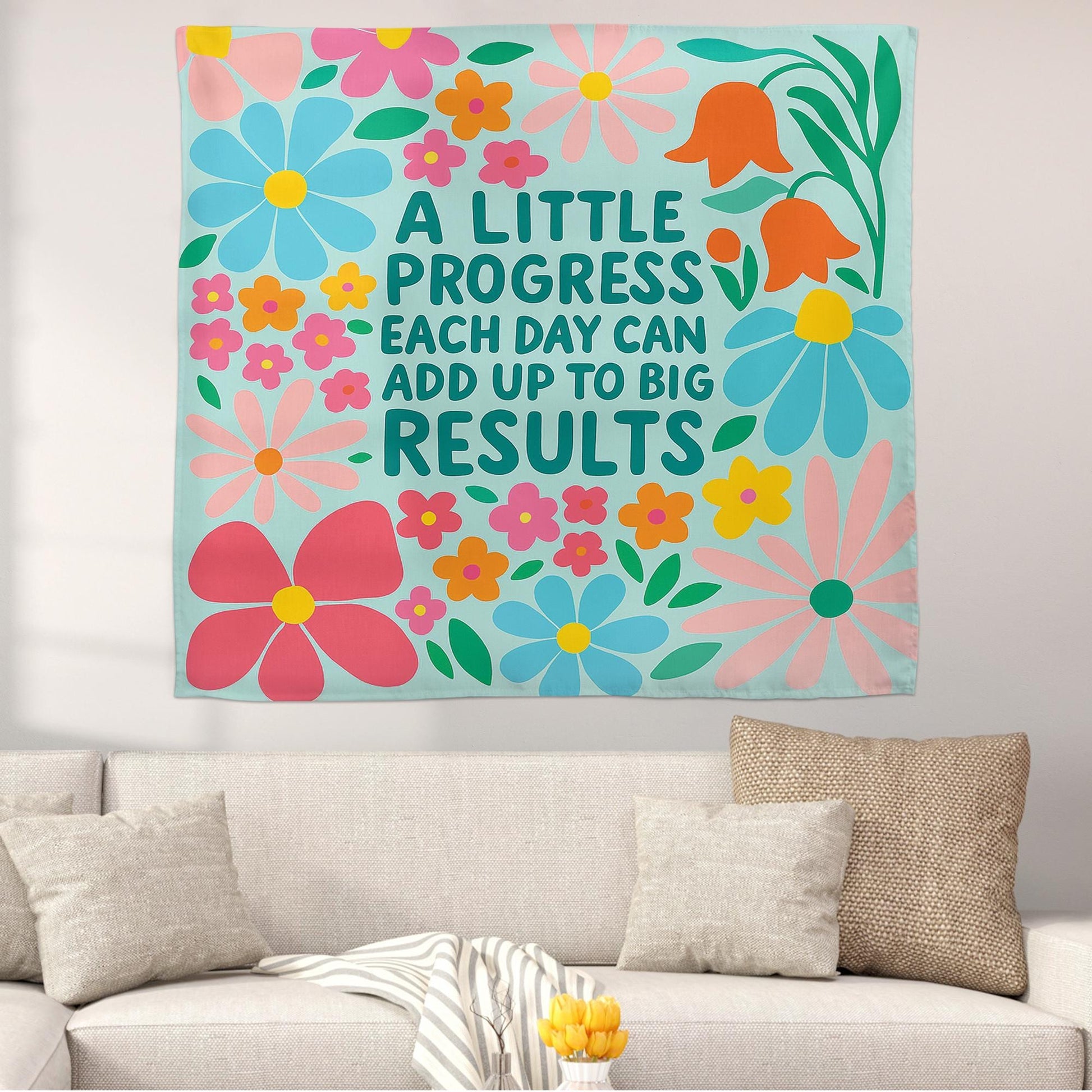 Motivational Classroom Tapestry, A Little Progress Each Quote, Floral Wall Decor for Teachers, Growth Mindset School Poster, Back To School