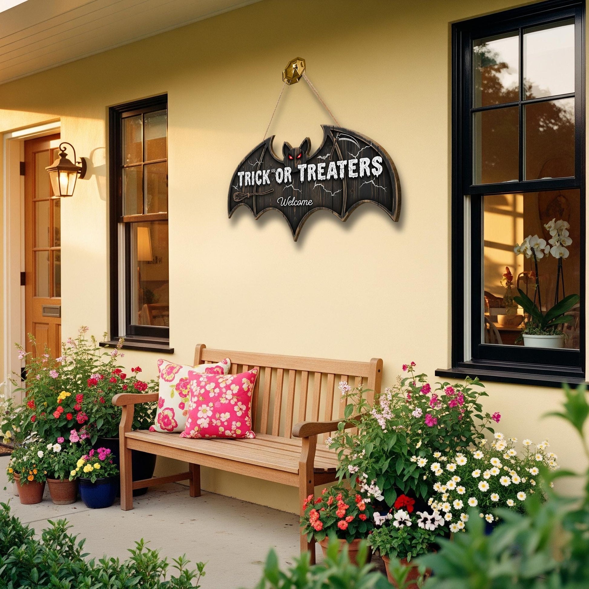 Trick or Treaters Welcome Bat Door Sign | Halloween Hanging Wall Decor | Cute Spooky Front Door Decoration for Kids & Guests