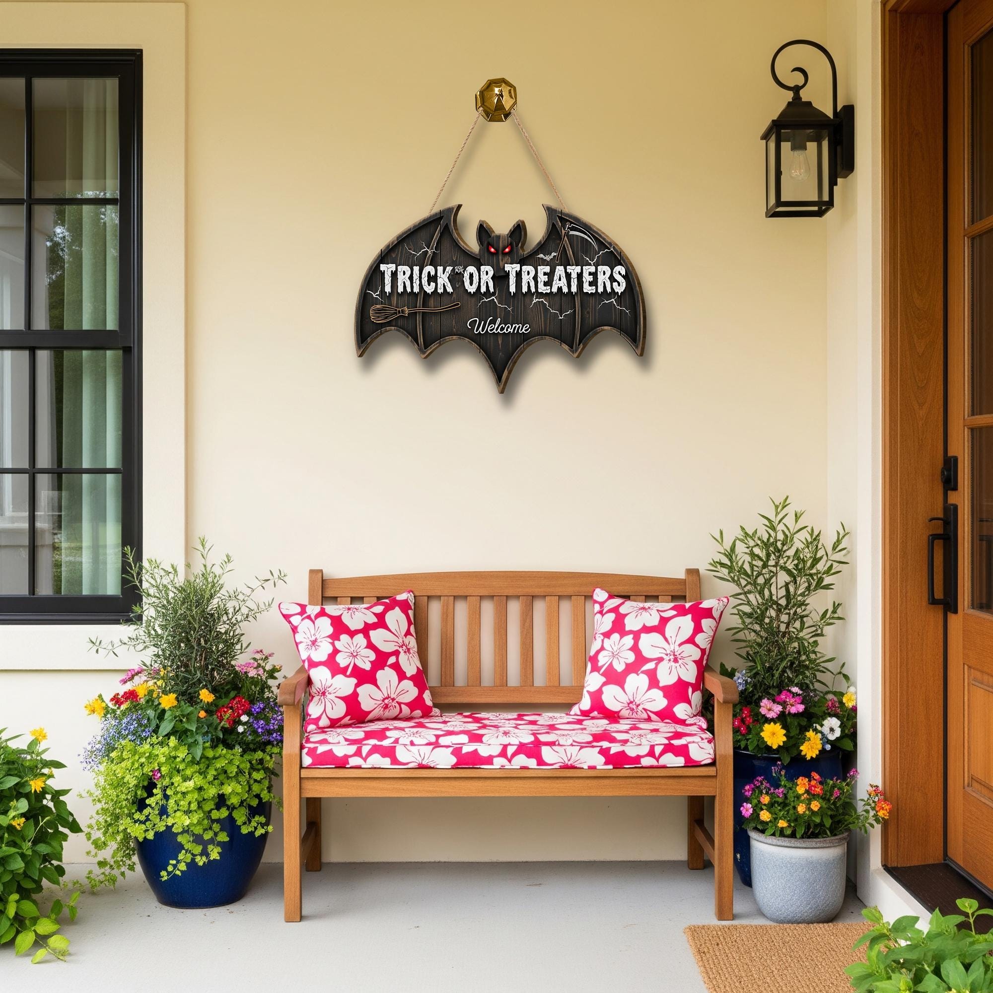 Trick or Treaters Welcome Bat Door Sign | Halloween Hanging Wall Decor | Cute Spooky Front Door Decoration for Kids & Guests