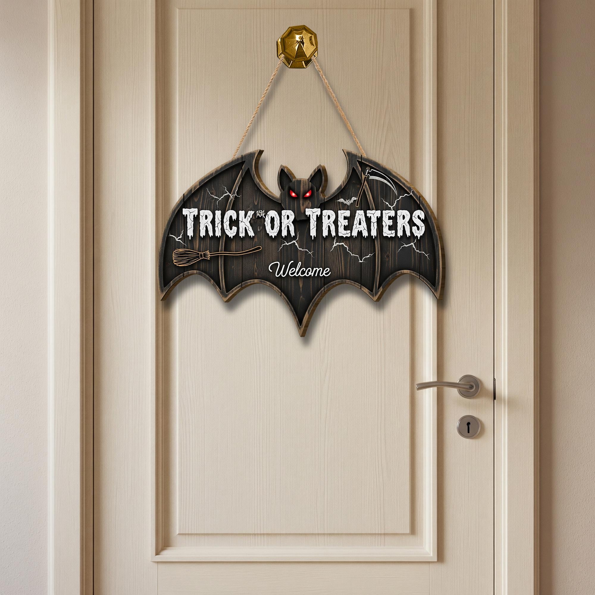 Trick or Treaters Welcome Bat Door Sign | Halloween Hanging Wall Decor | Cute Spooky Front Door Decoration for Kids & Guests