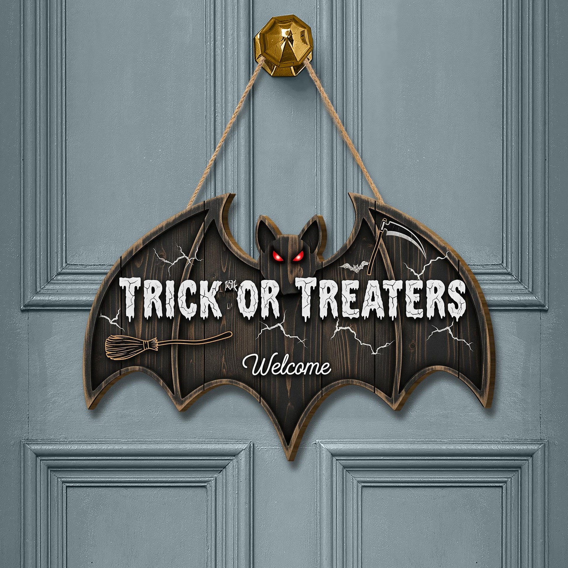 Trick or Treaters Welcome Bat Door Sign | Halloween Hanging Wall Decor | Cute Spooky Front Door Decoration for Kids & Guests