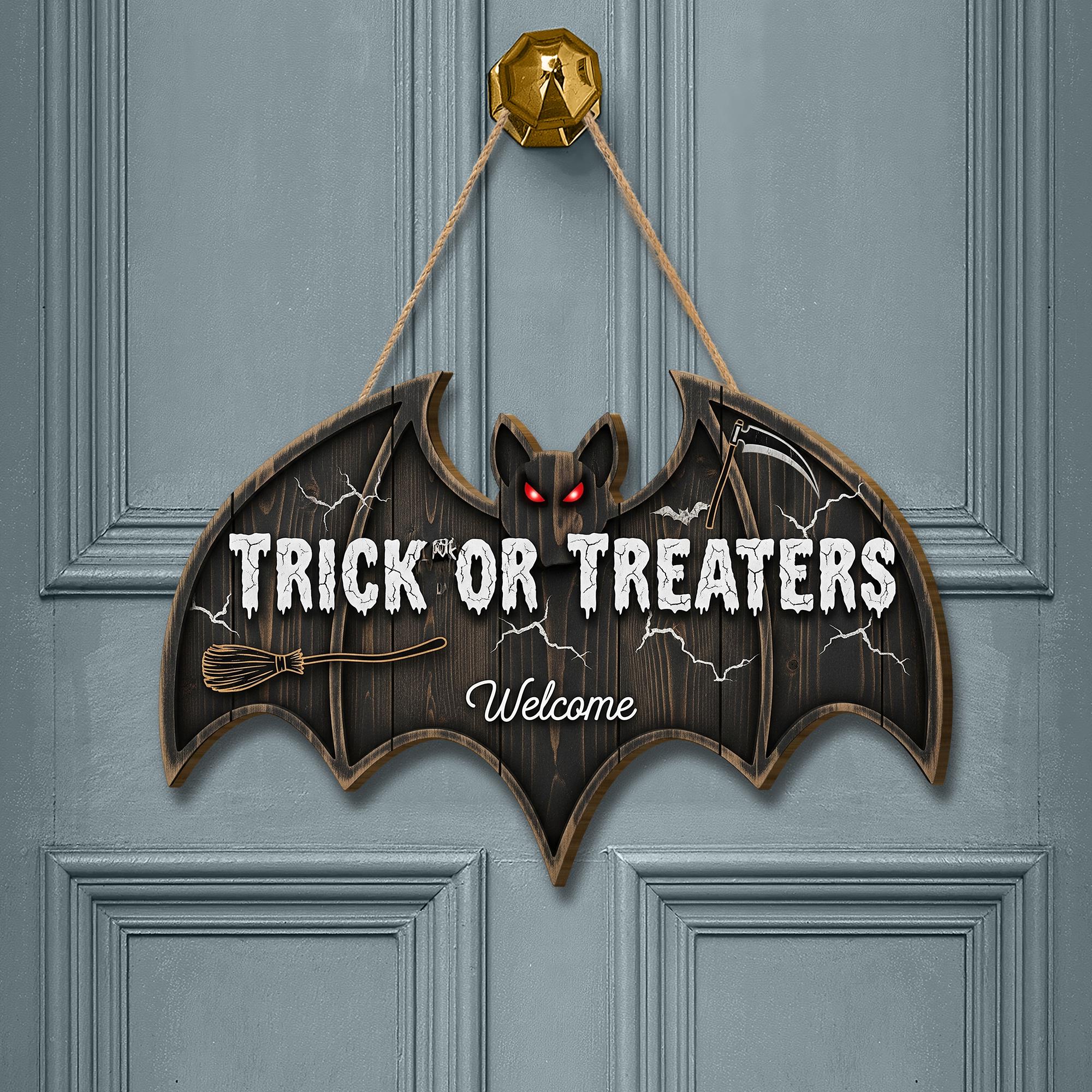 Trick or Treaters Welcome Bat Door Sign | Halloween Hanging Wall Decor | Cute Spooky Front Door Decoration for Kids & Guests