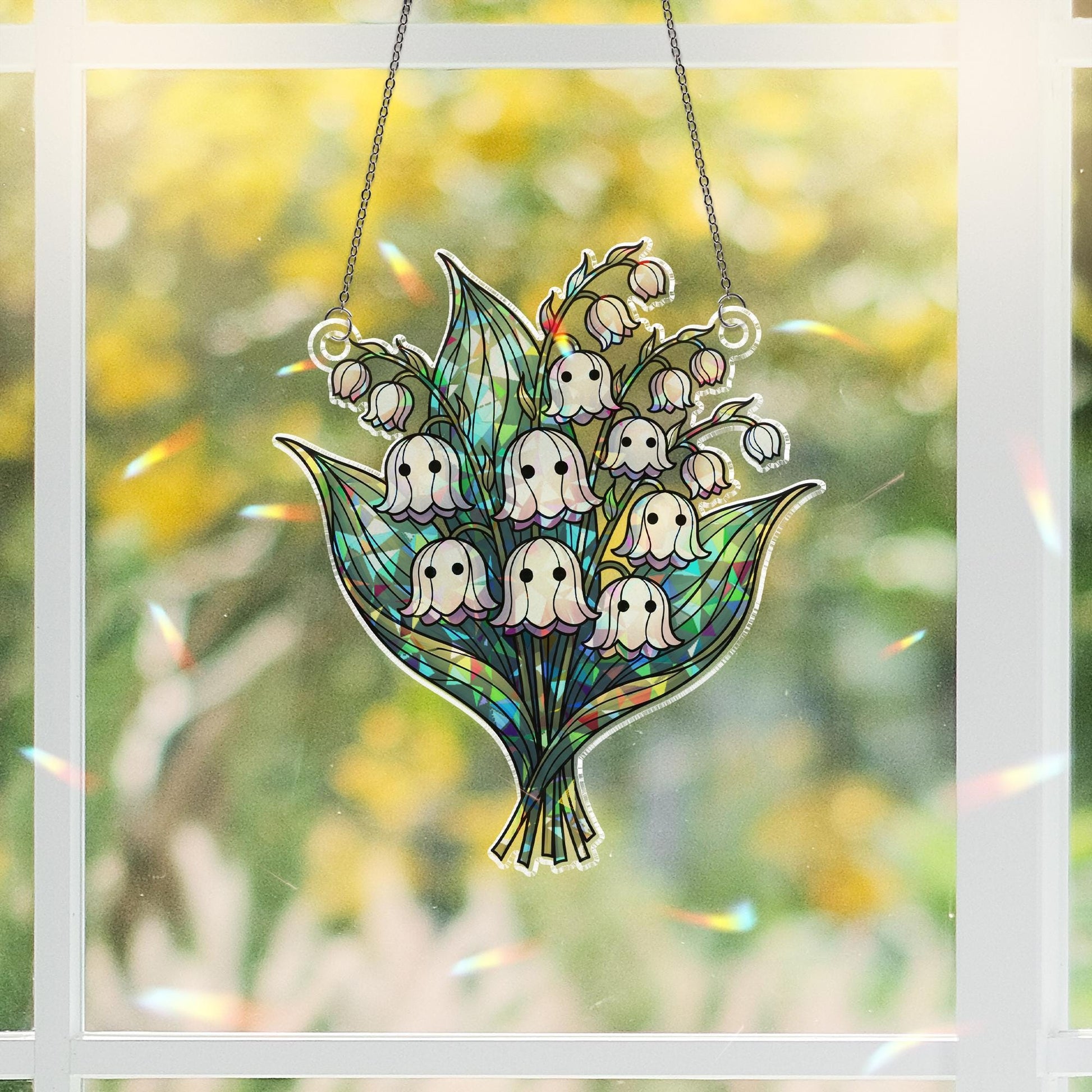 Ghost Lily Flower Window Hanging, Spooky Floral Suncatcher Decor, Halloween Ghost Plant Hologram Gift, Cute Gothic Glass Art