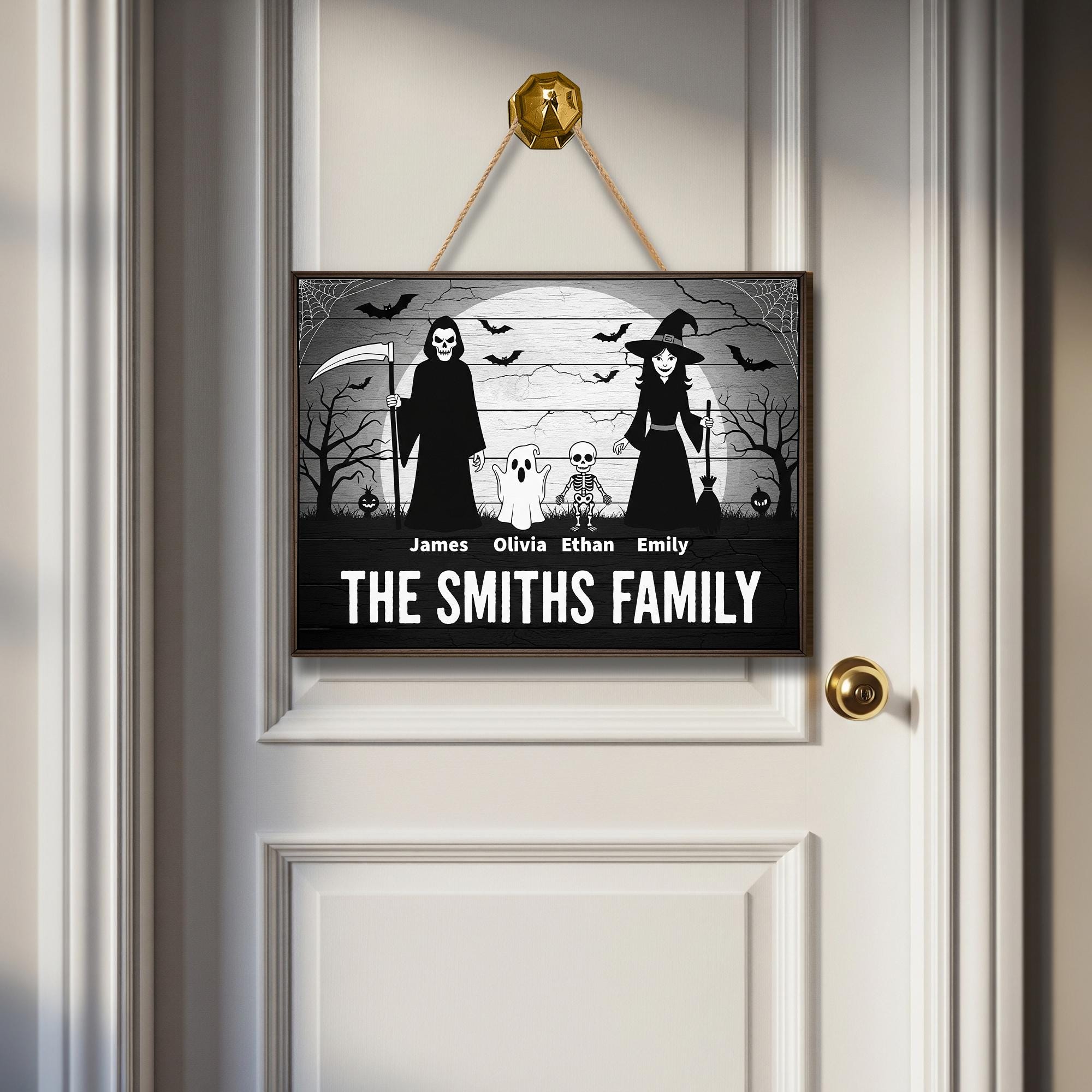 Custom Halloween Family Door Sign | Personalized Spooky Name Plaque | Witch Grim Reaper Ghost Skeleton Decor