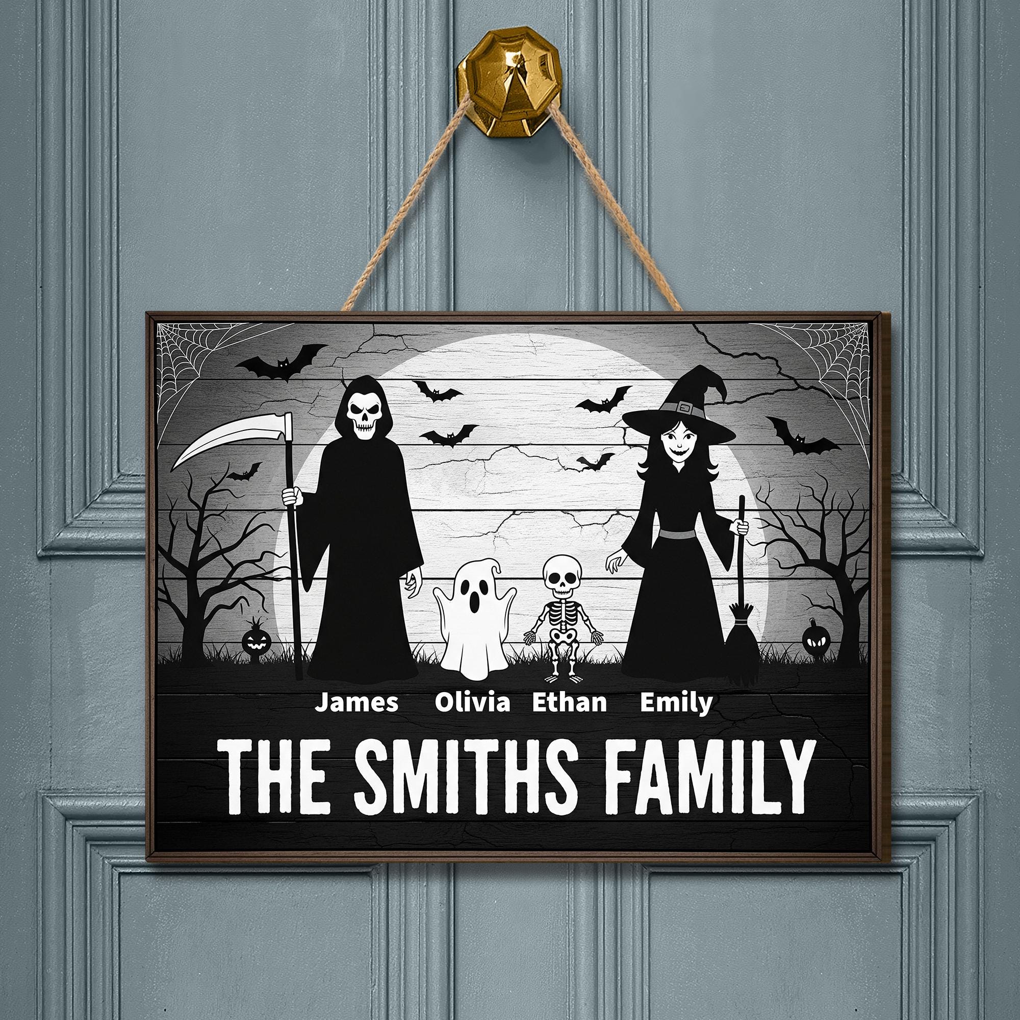 Custom Halloween Family Door Sign | Personalized Spooky Name Plaque | Witch Grim Reaper Ghost Skeleton Decor