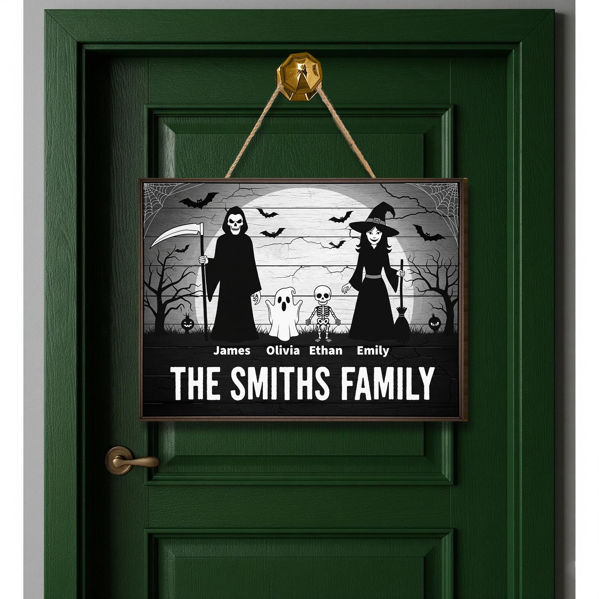 Custom Halloween Family Door Sign | Personalized Spooky Name Plaque | Witch Grim Reaper Ghost Skeleton Decor