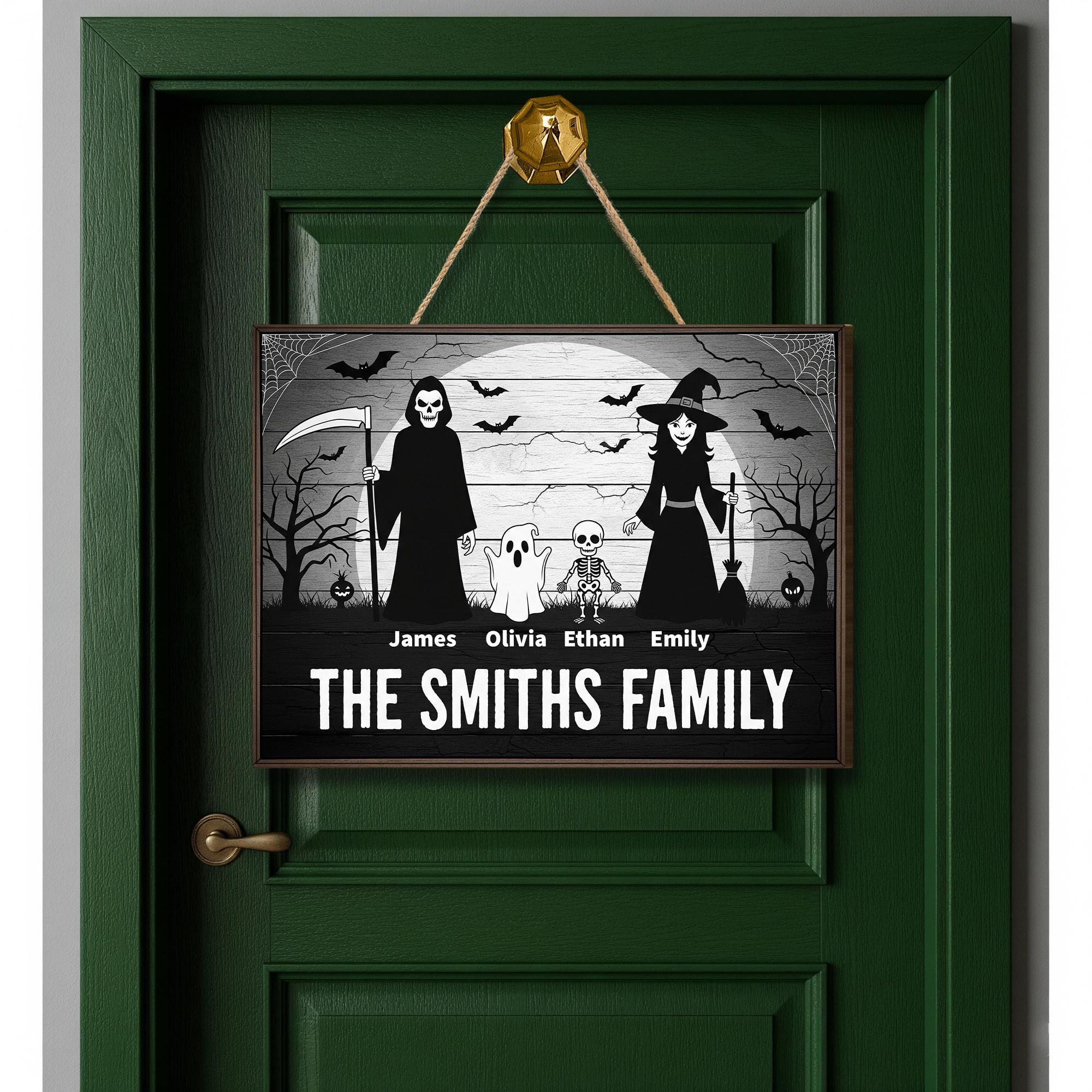 Custom Halloween Family Door Sign | Personalized Spooky Name Plaque | Witch Grim Reaper Ghost Skeleton Decor