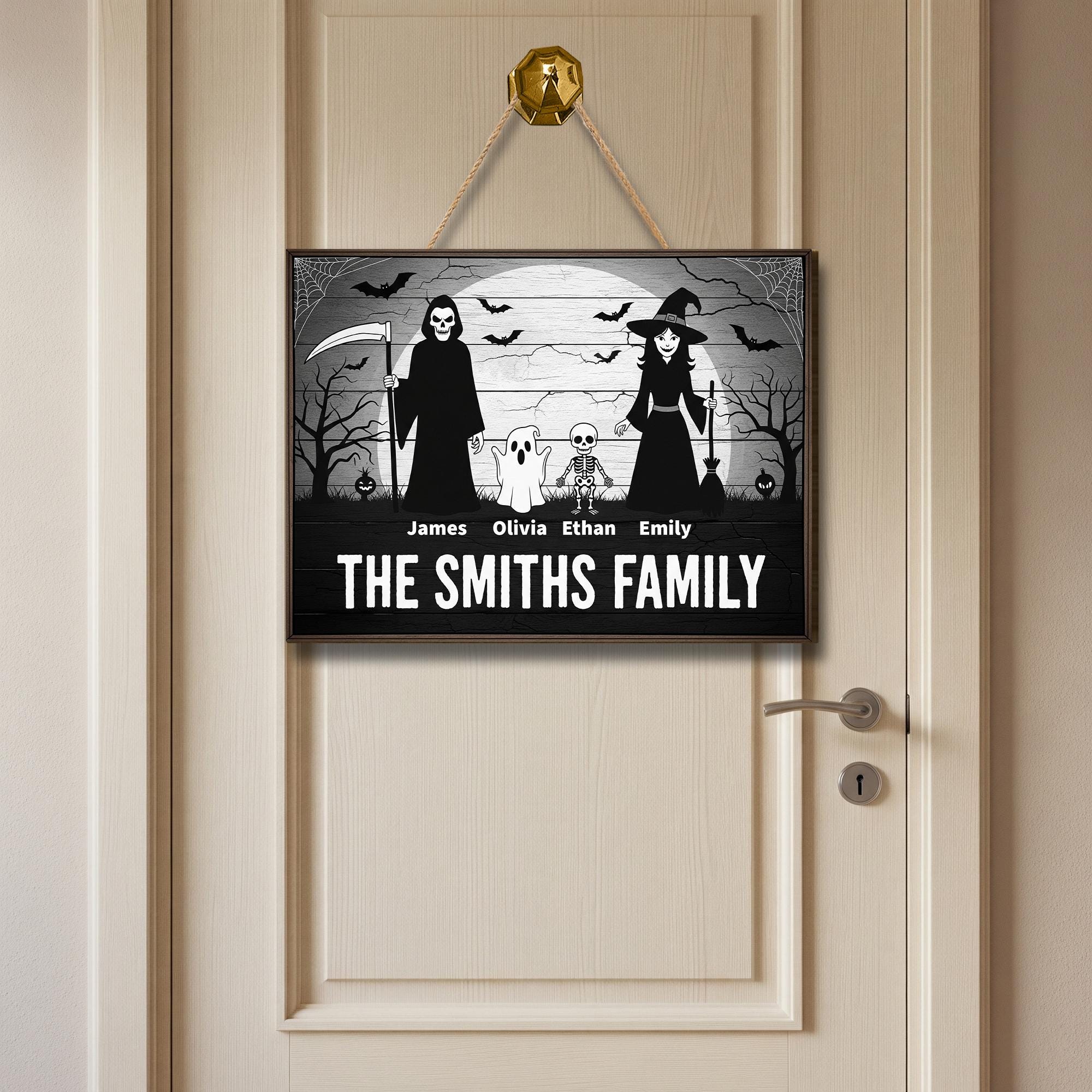 Custom Halloween Family Door Sign | Personalized Spooky Name Plaque | Witch Grim Reaper Ghost Skeleton Decor