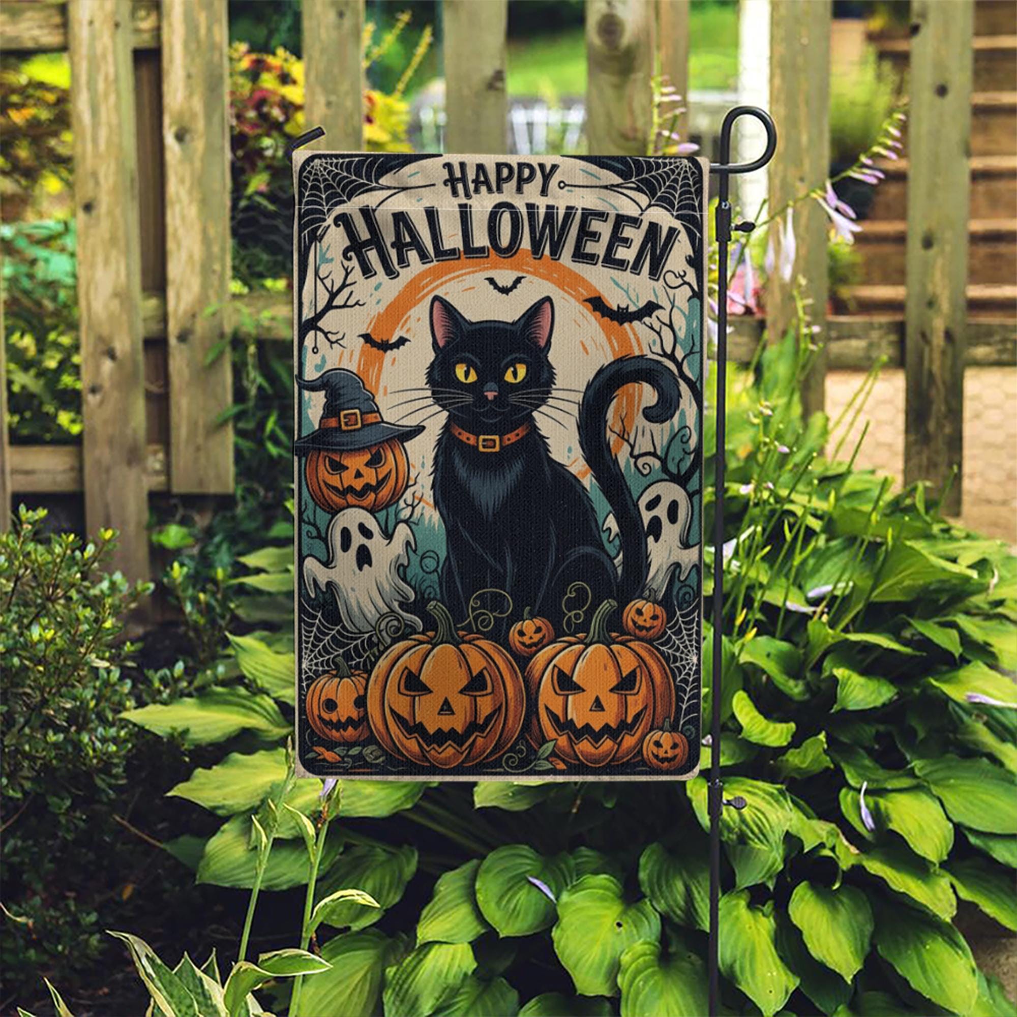 Happy Halloween Garden Flag with Black Cat and Pumpkins, Spooky Outdoor Yard Decor, Ghost and Jack-O’-Lantern Fall Flag
