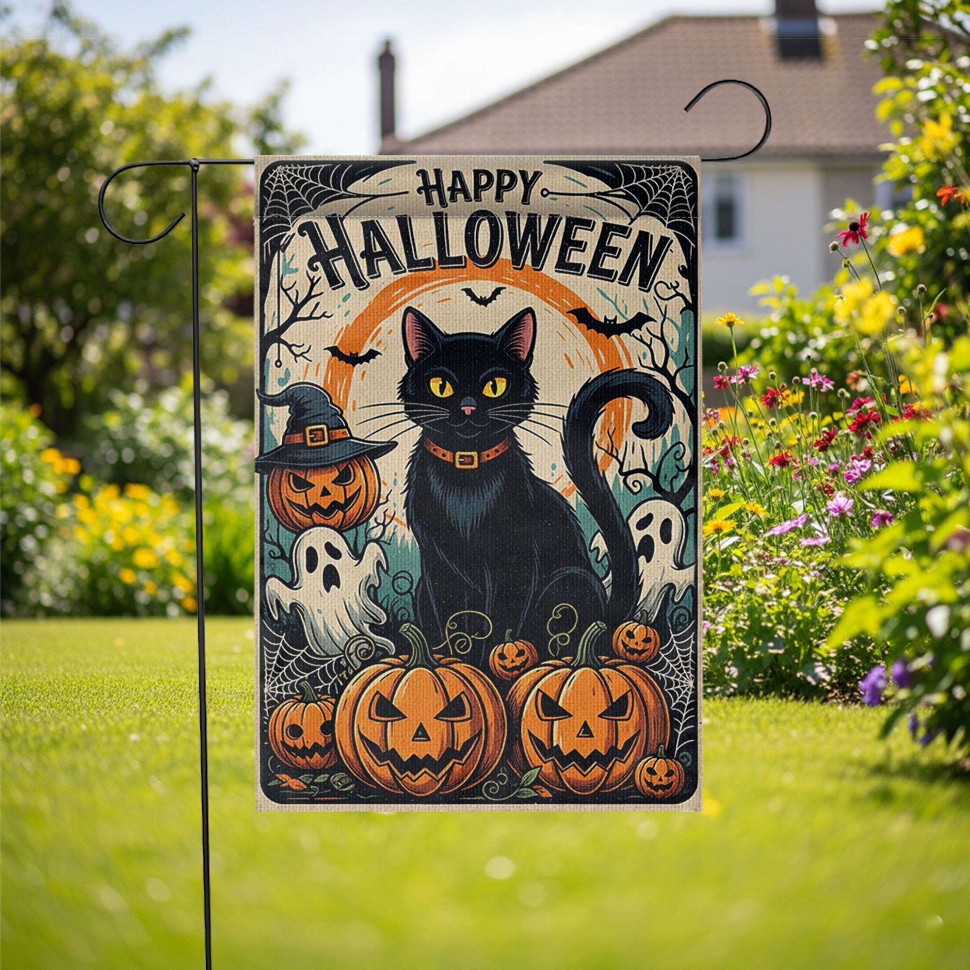 Happy Halloween Garden Flag with Black Cat and Pumpkins, Spooky Outdoor Yard Decor, Ghost and Jack-O’-Lantern Fall Flag
