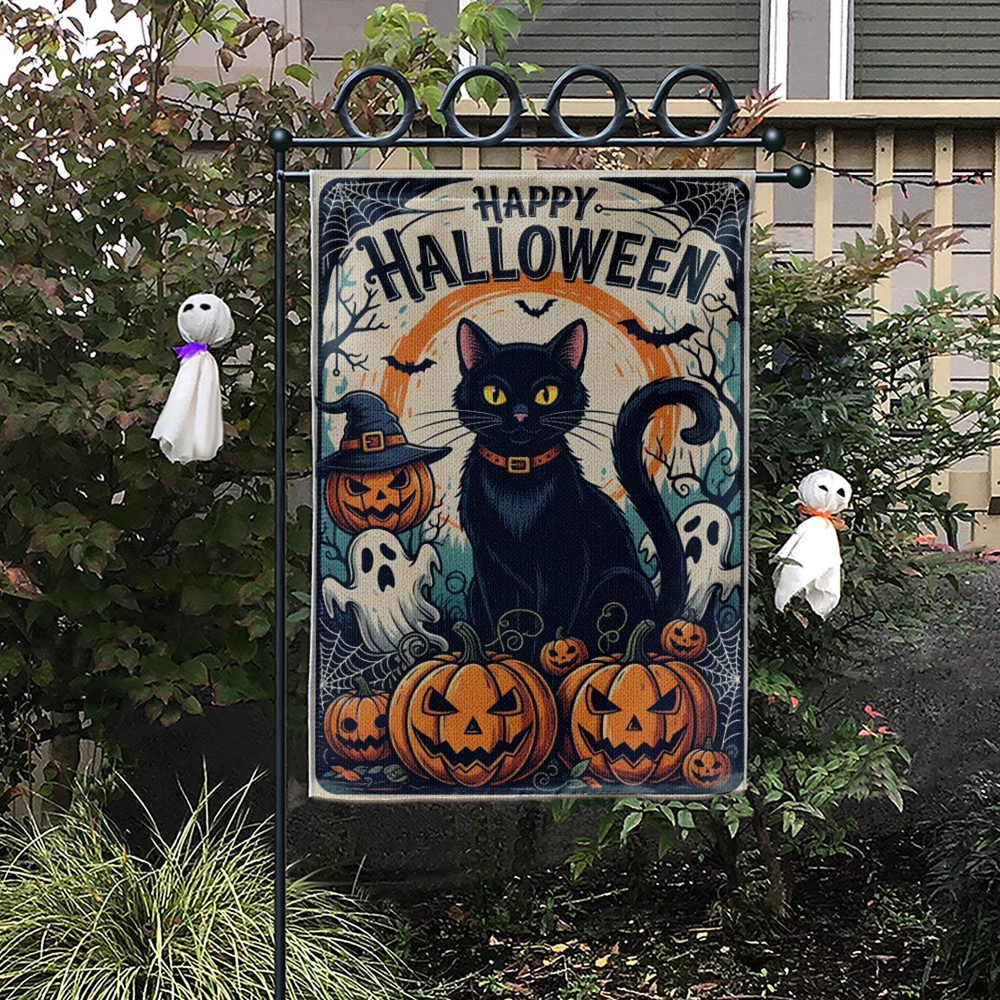 Happy Halloween Garden Flag with Black Cat and Pumpkins, Spooky Outdoor Yard Decor, Ghost and Jack-O’-Lantern Fall Flag
