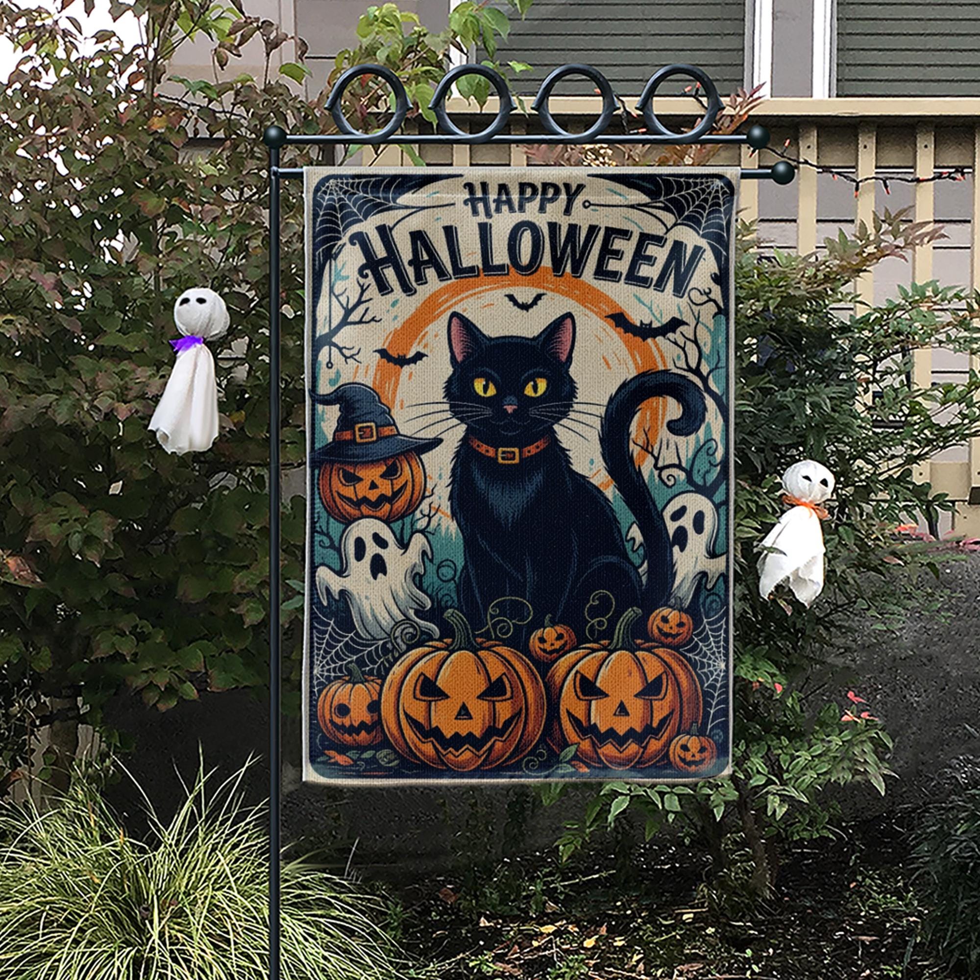 Happy Halloween Garden Flag with Black Cat and Pumpkins, Spooky Outdoor Yard Decor, Ghost and Jack-O’-Lantern Fall Flag