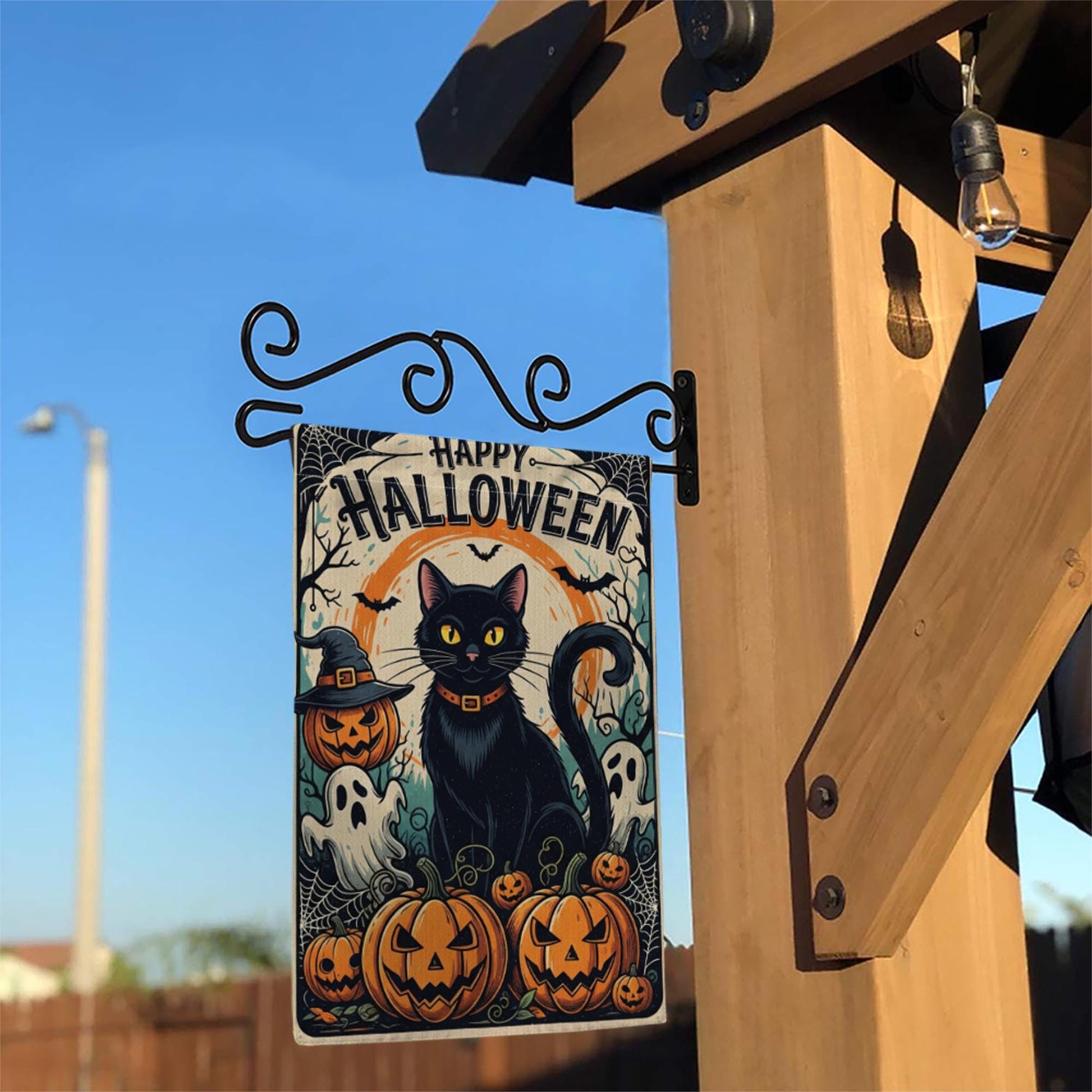 Happy Halloween Garden Flag with Black Cat and Pumpkins, Spooky Outdoor Yard Decor, Ghost and Jack-O’-Lantern Fall Flag