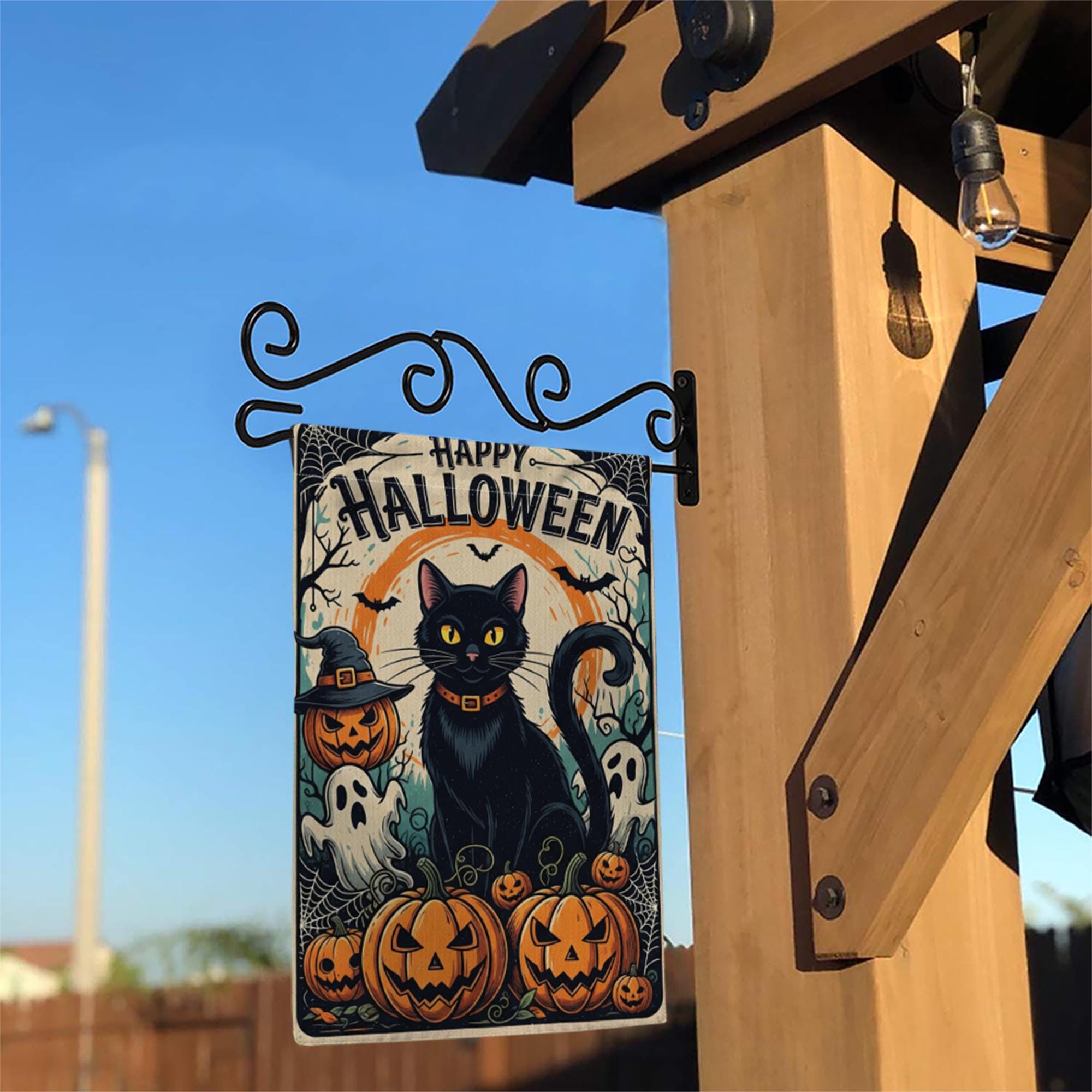 Happy Halloween Garden Flag with Black Cat and Pumpkins, Spooky Outdoor Yard Decor, Ghost and Jack-O’-Lantern Fall Flag