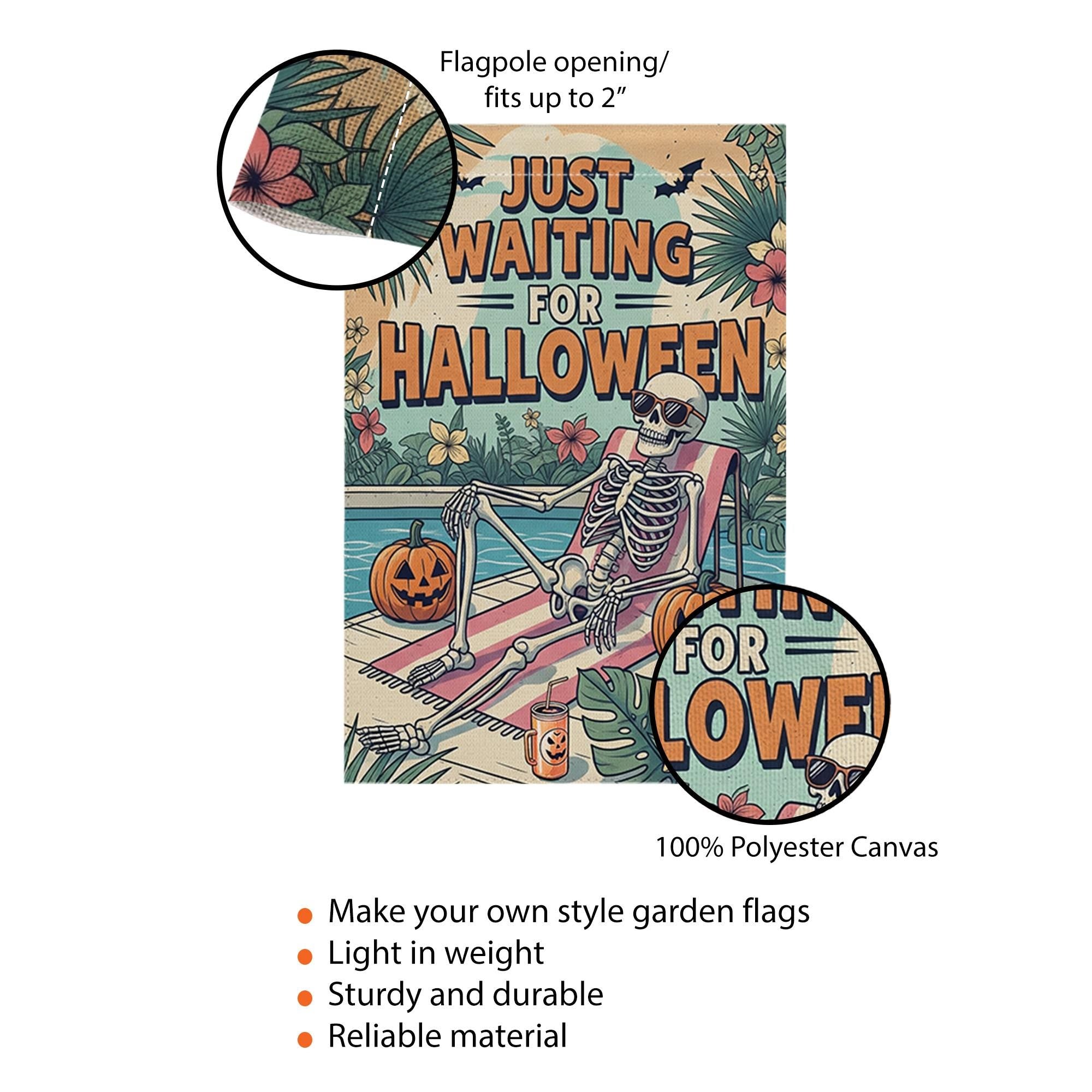 Funny Halloween Garden Flag with Skeleton and Pumpkins, Tropical Spooky Yard Decor, Just Waiting for Halloween Outdoor Sign
