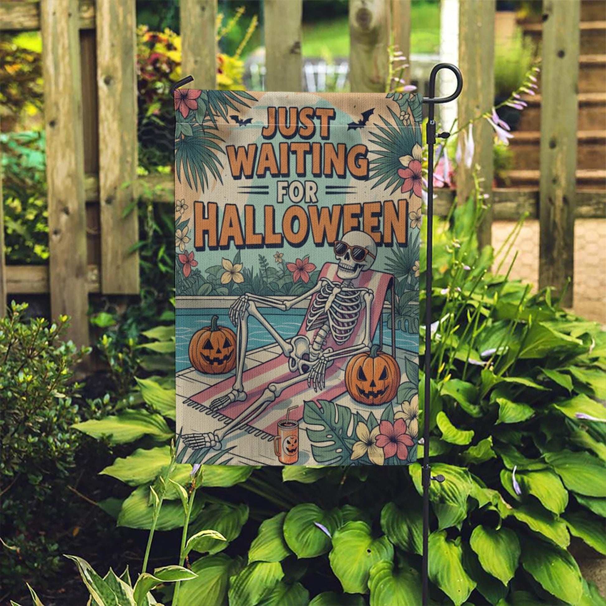 Funny Halloween Garden Flag with Skeleton and Pumpkins, Tropical Spooky Yard Decor, Just Waiting for Halloween Outdoor Sign