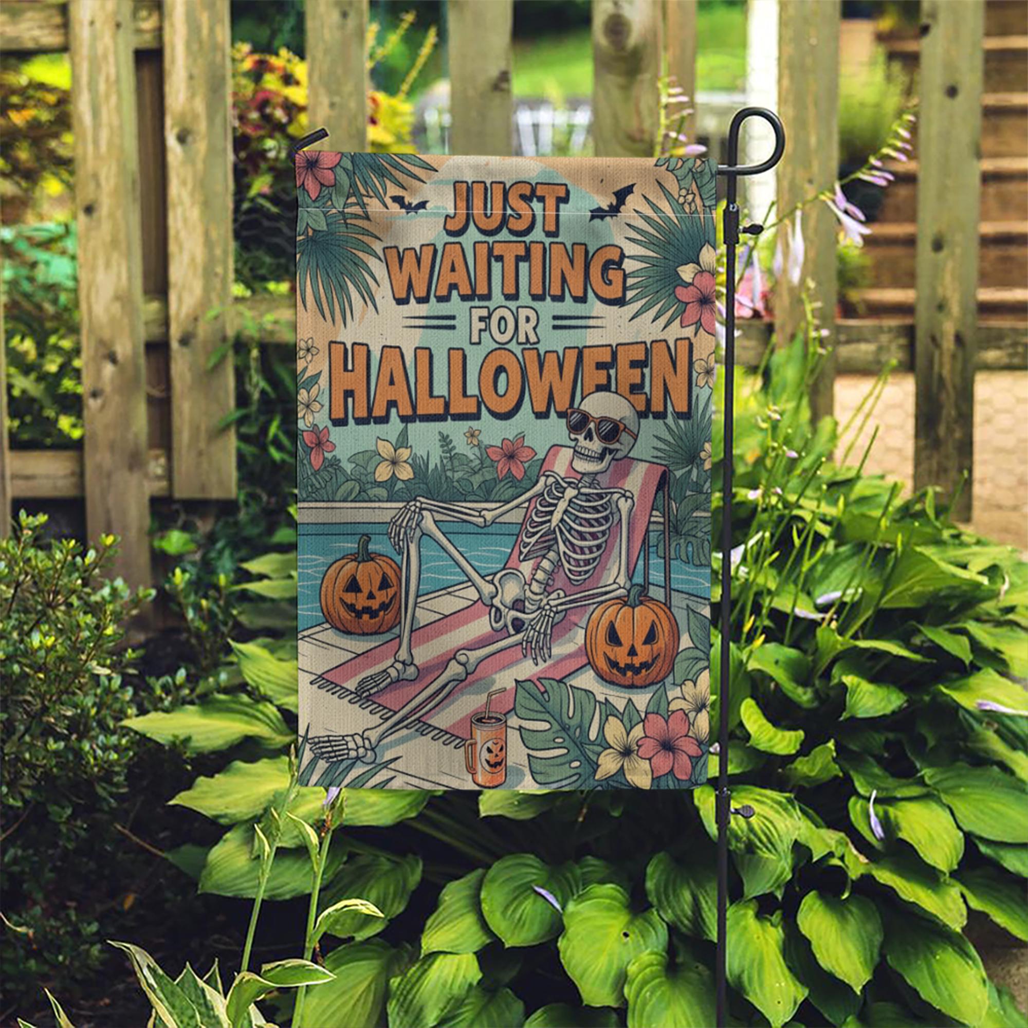 Funny Halloween Garden Flag with Skeleton and Pumpkins, Tropical Spooky Yard Decor, Just Waiting for Halloween Outdoor Sign