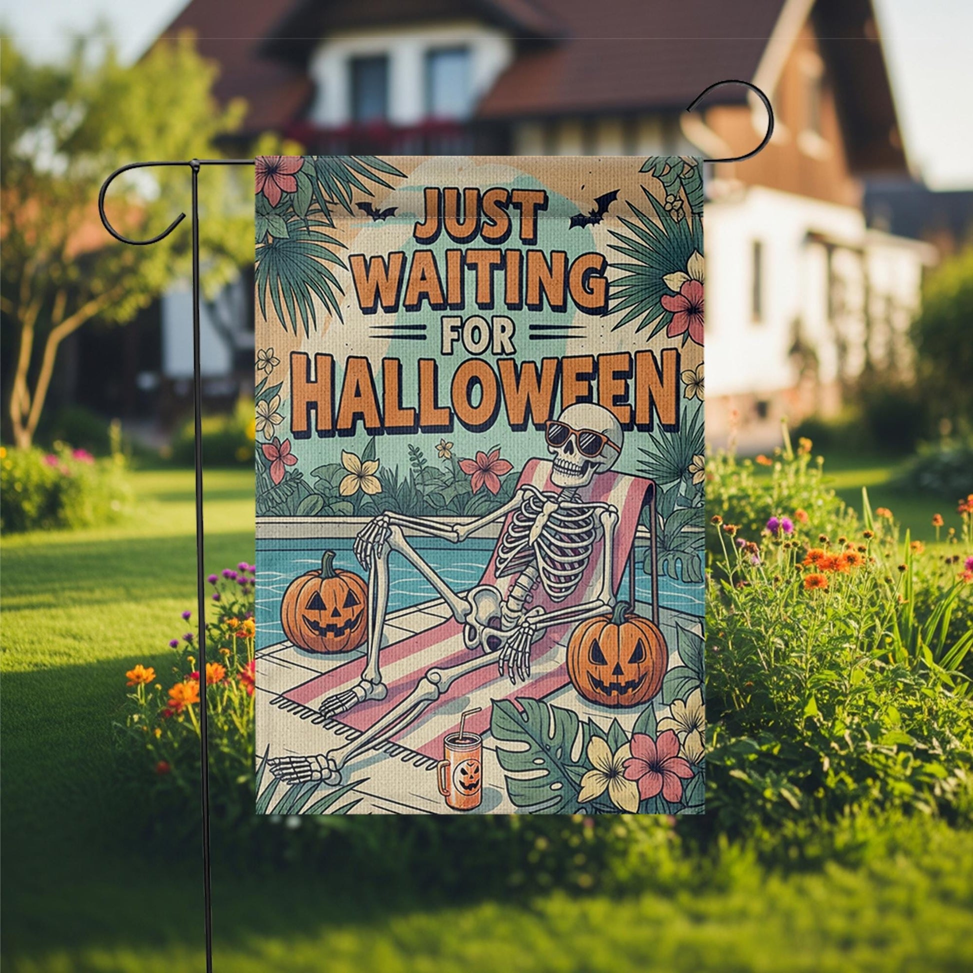 Funny Halloween Garden Flag with Skeleton and Pumpkins, Tropical Spooky Yard Decor, Just Waiting for Halloween Outdoor Sign