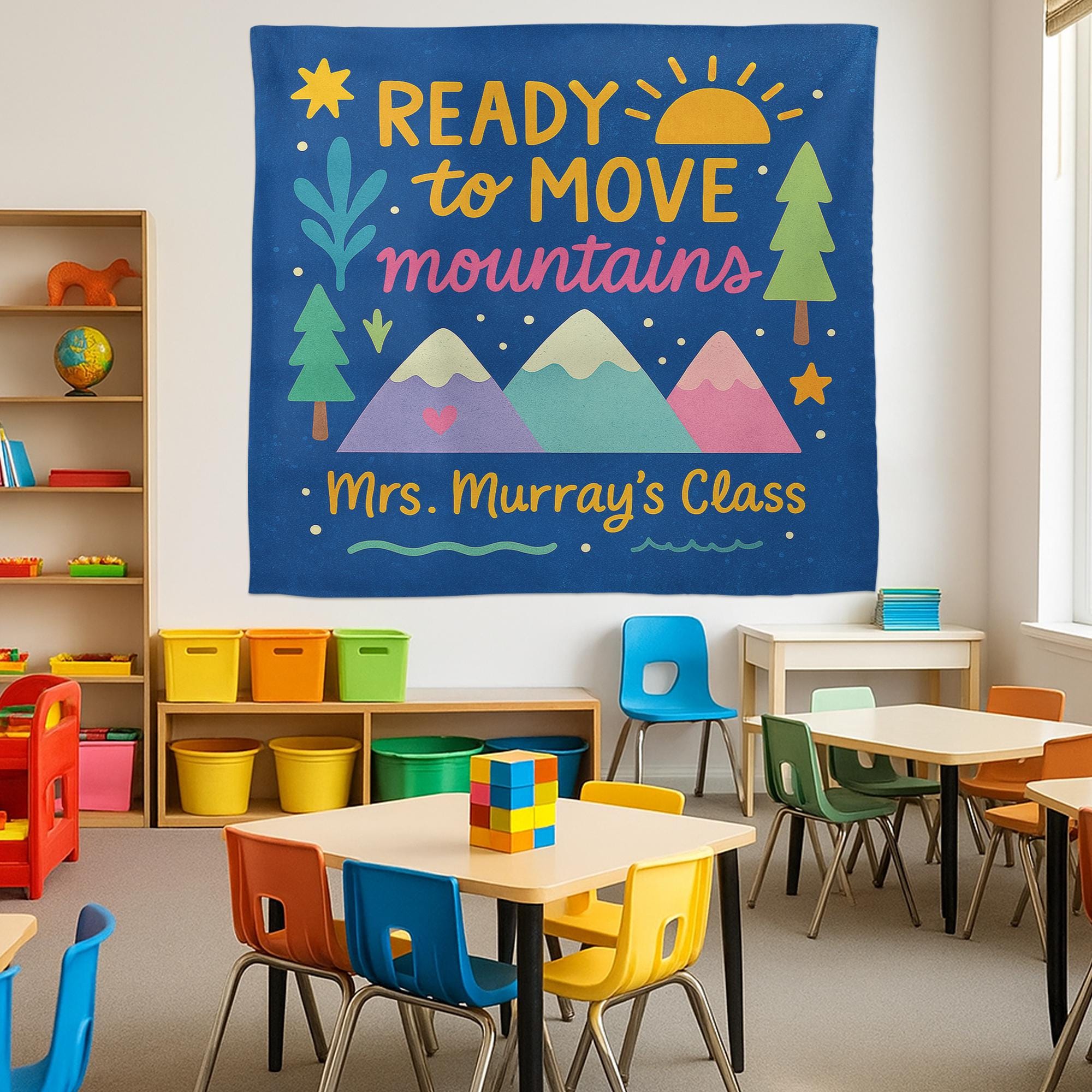 Ready to Move Mountains Classroom Tapestry - Personalized Teacher Wall Decor, Motivational Backdrop for Back To School, Custom Class Sign