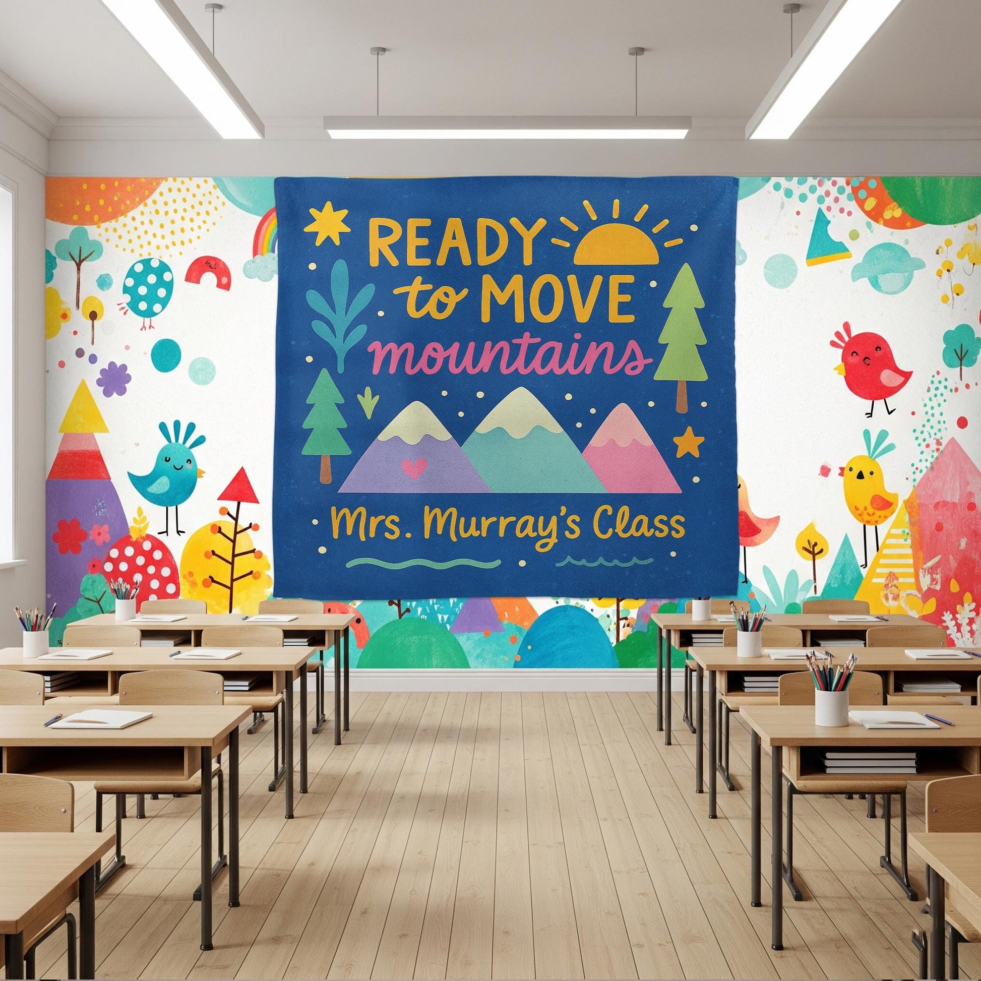 Ready to Move Mountains Classroom Tapestry - Personalized Teacher Wall Decor, Motivational Backdrop for Back To School, Custom Class Sign