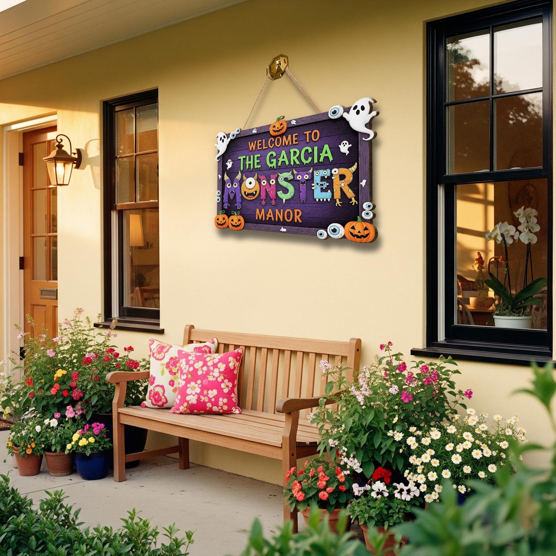 Personalized Monster Manor Halloween Sign | Cute Spooky Family Door Decor | Custom Name Plaque with Ghosts & Pumpkins