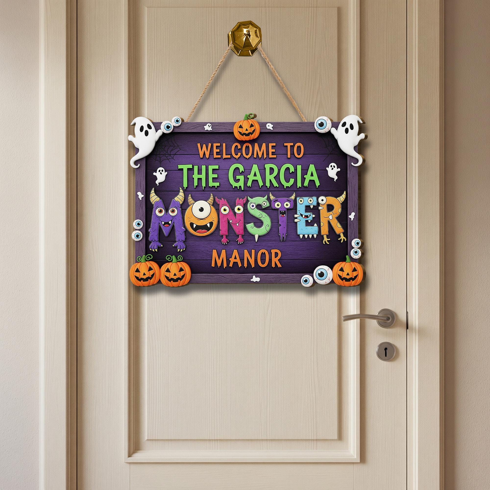 Personalized Monster Manor Halloween Sign | Cute Spooky Family Door Decor | Custom Name Plaque with Ghosts & Pumpkins