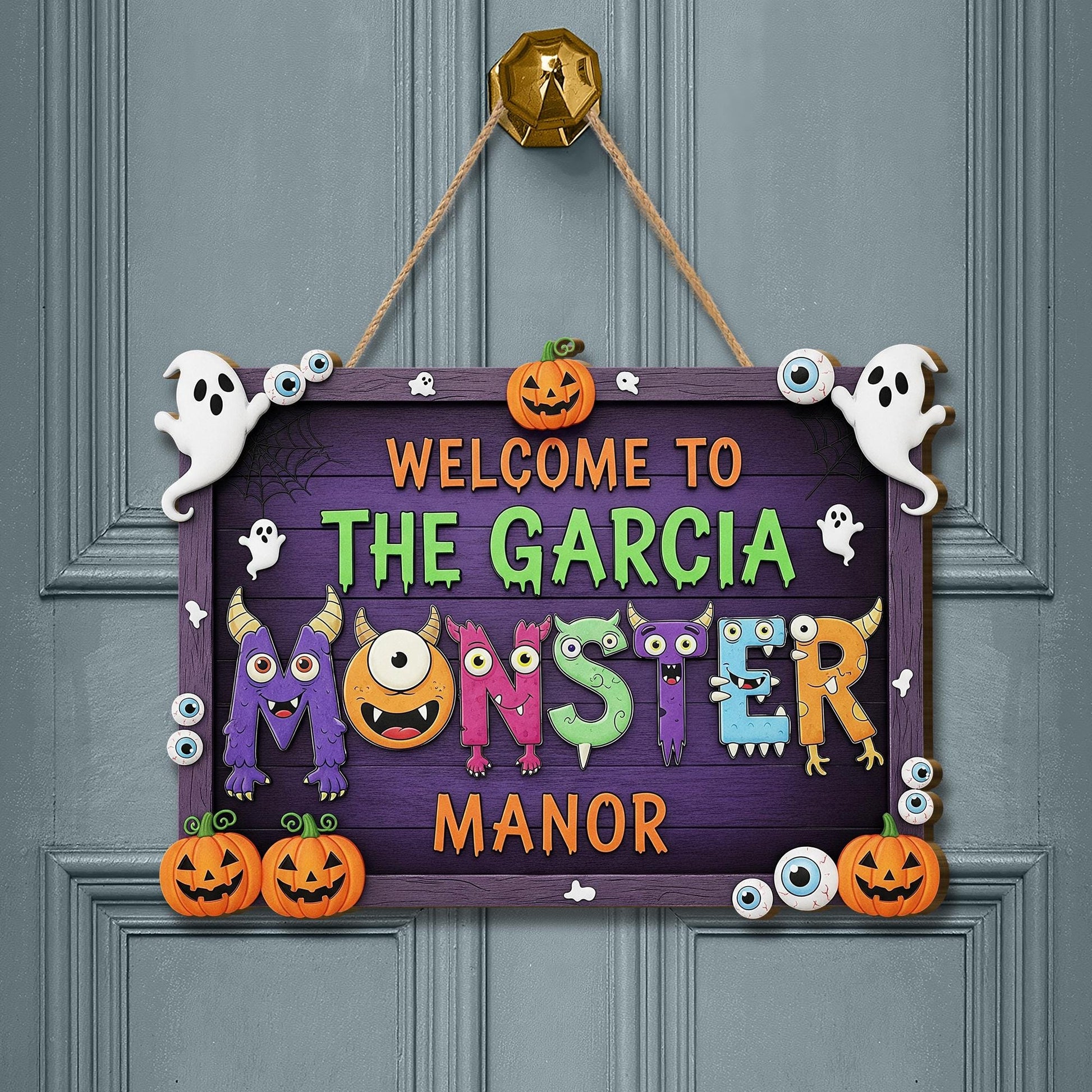 Personalized Monster Manor Halloween Sign | Cute Spooky Family Door Decor | Custom Name Plaque with Ghosts & Pumpkins