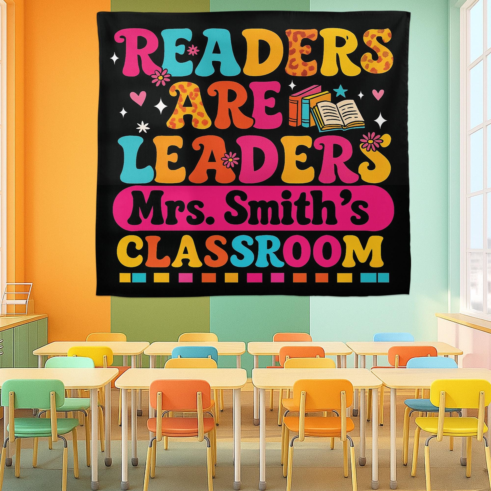 Readers Are Leaders Classroom Tapestry, Personalized Teacher Reading Poster, Literacy Wall Decor, Custom Classroom Sign, Back To School Gift