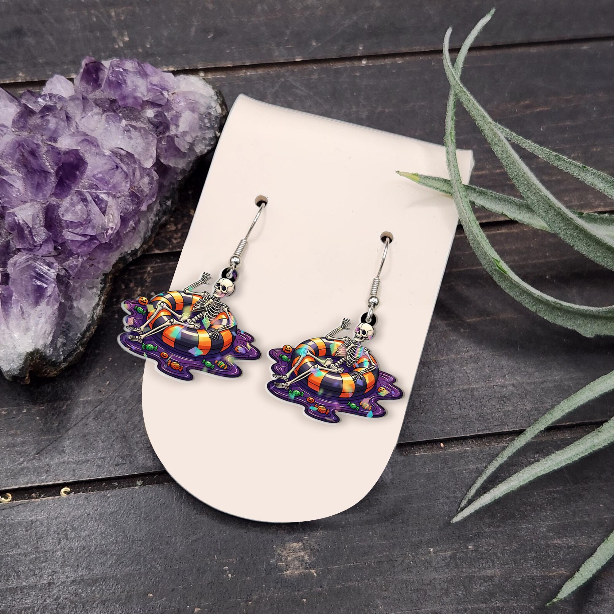 Funny Skeleton Pool Float Earrings, Halloween Dangle Earrings, Spooky Summer Jewelry, Quirky Gift for Her, Goth Accessories