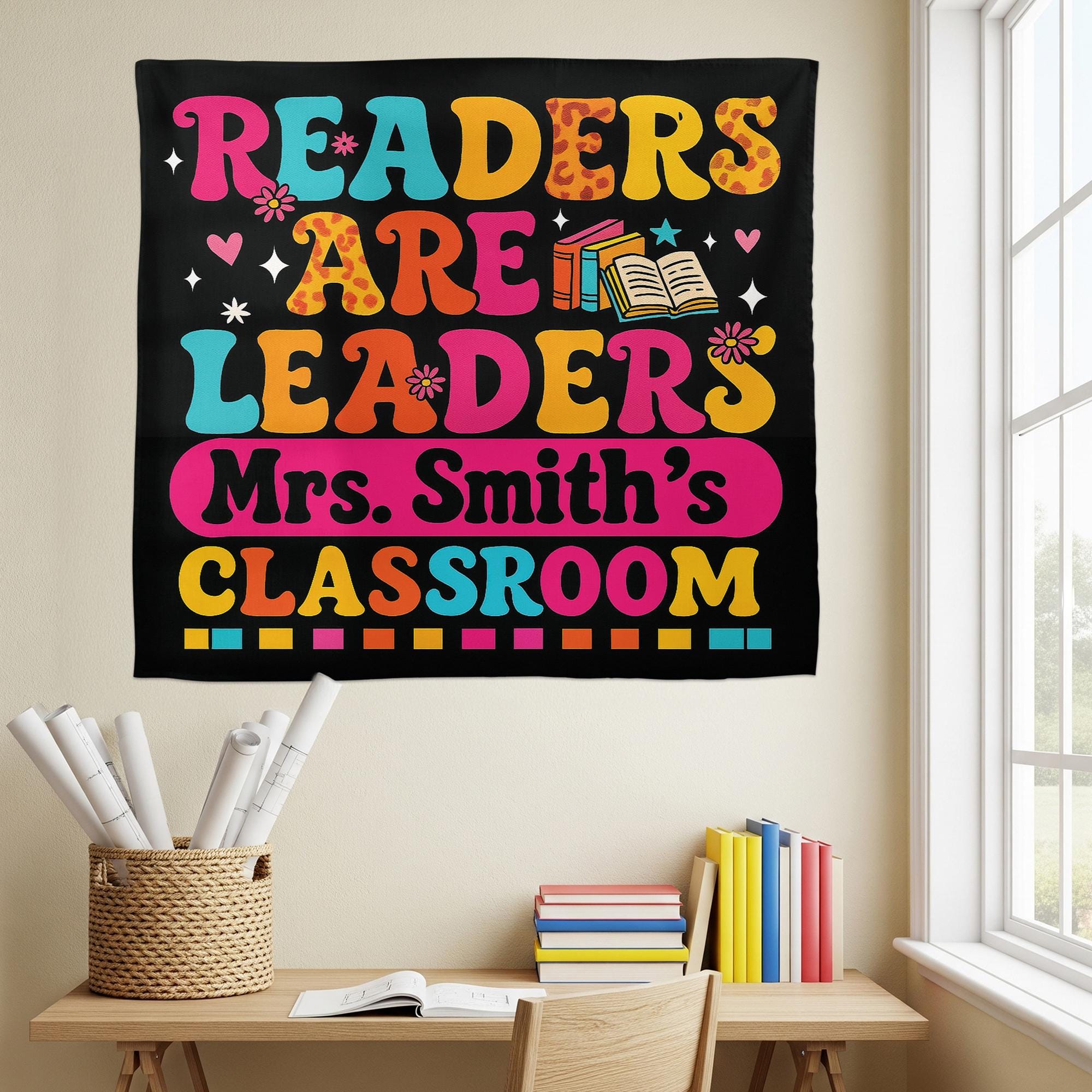 Readers Are Leaders Classroom Tapestry, Personalized Teacher Reading Poster, Literacy Wall Decor, Custom Classroom Sign, Back To School Gift