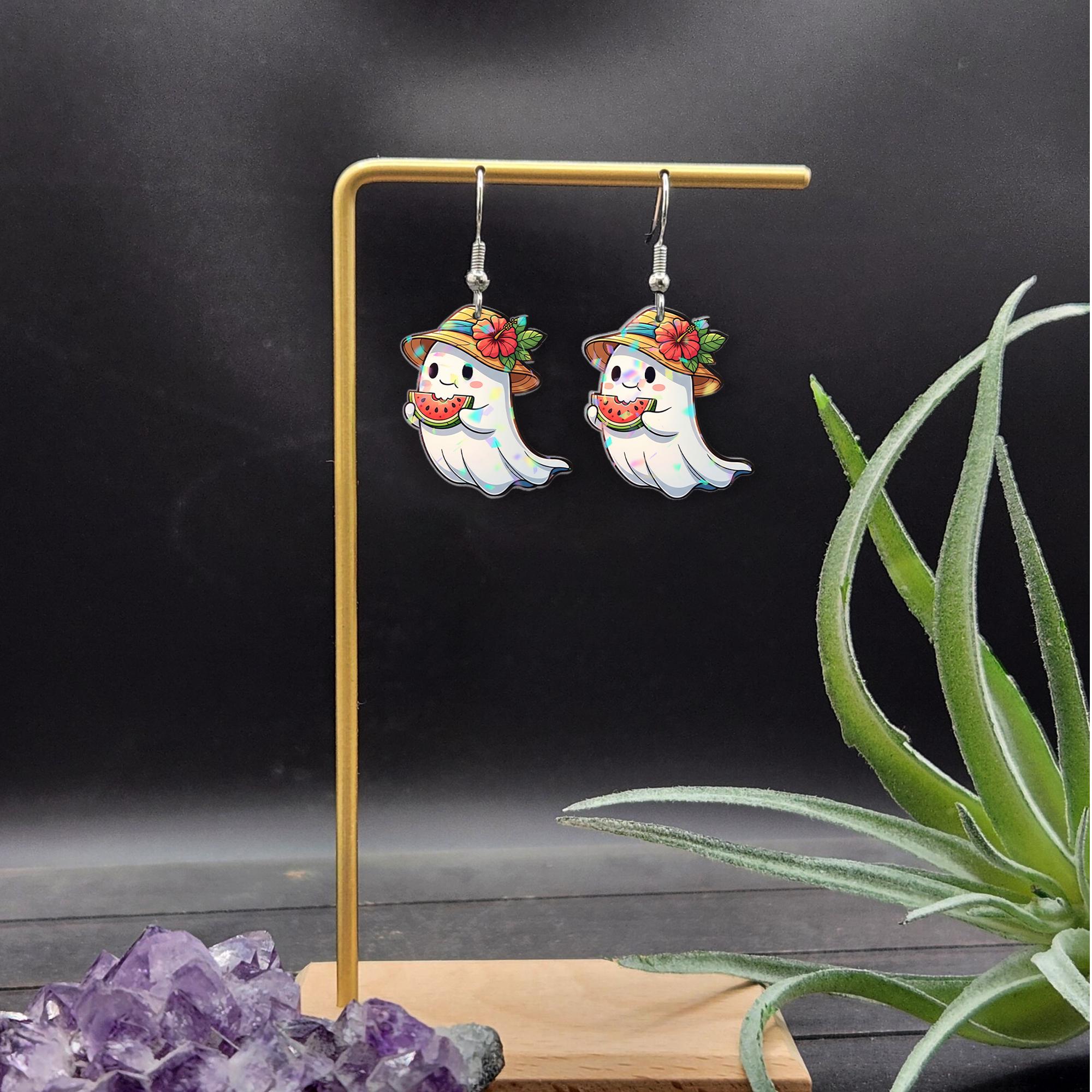 Cute Ghost Watermelon Earrings, Summer Halloween Earrings, Spooky Season Jewelry, Funny Fruit Dangle Earrings, Kawaii Gift for Her