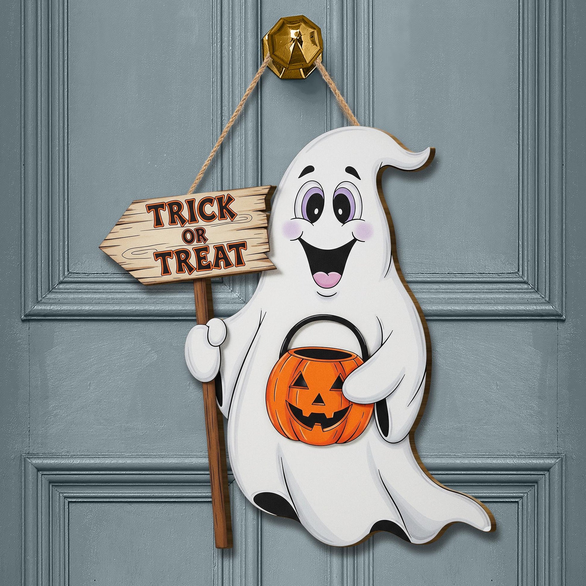 Ghost Door Hanger, Trick or Treat Wood Sign, Cute Halloween Front Door Decor, Kid Friendly Spooky Porch Decoration, Fall Wall Hanging