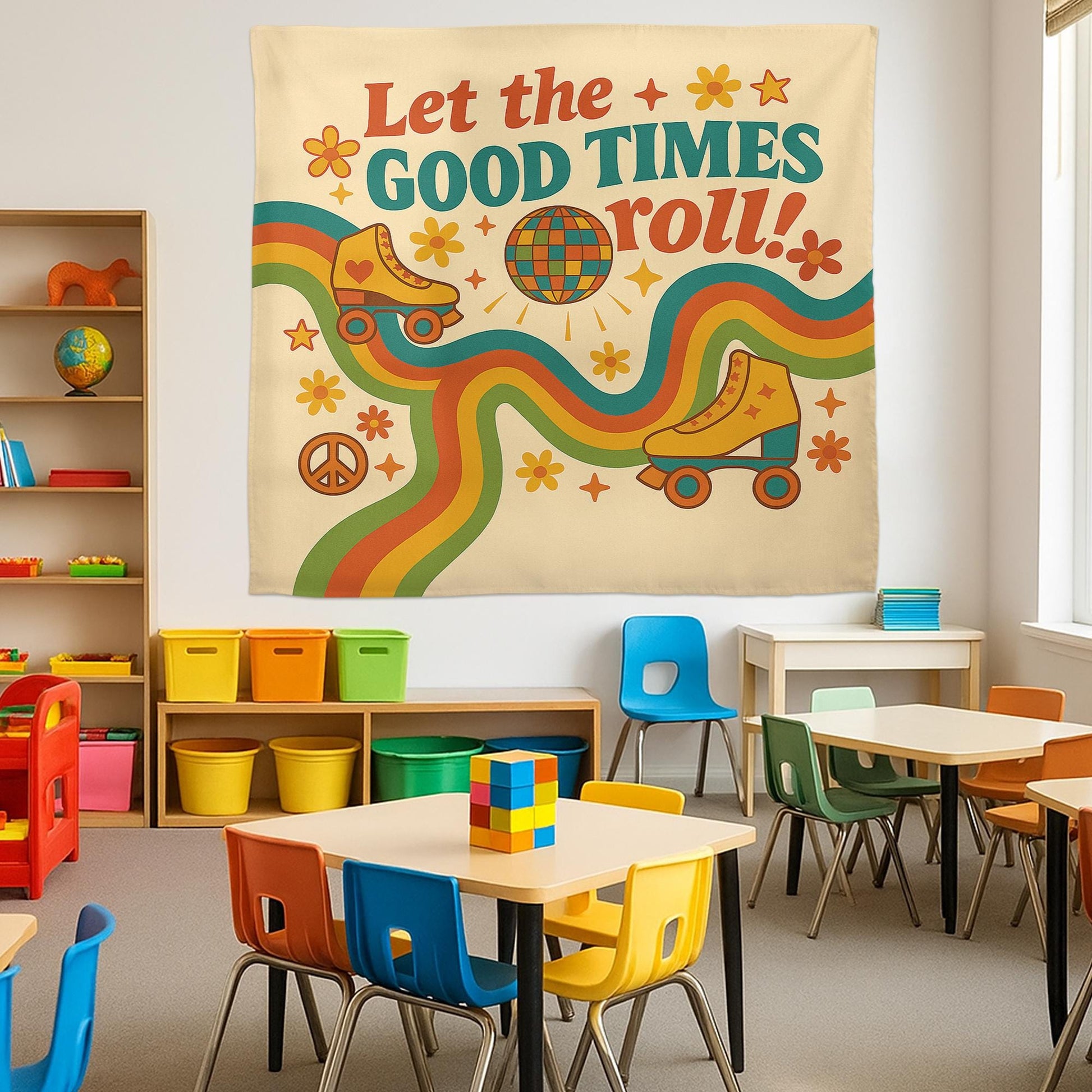Let the Good Times Roll Classroom Tapestry - Retro Roller Skate Wall Decor, Groovy Teacher Poster, Fun 70s Vibes Back To School Decoration