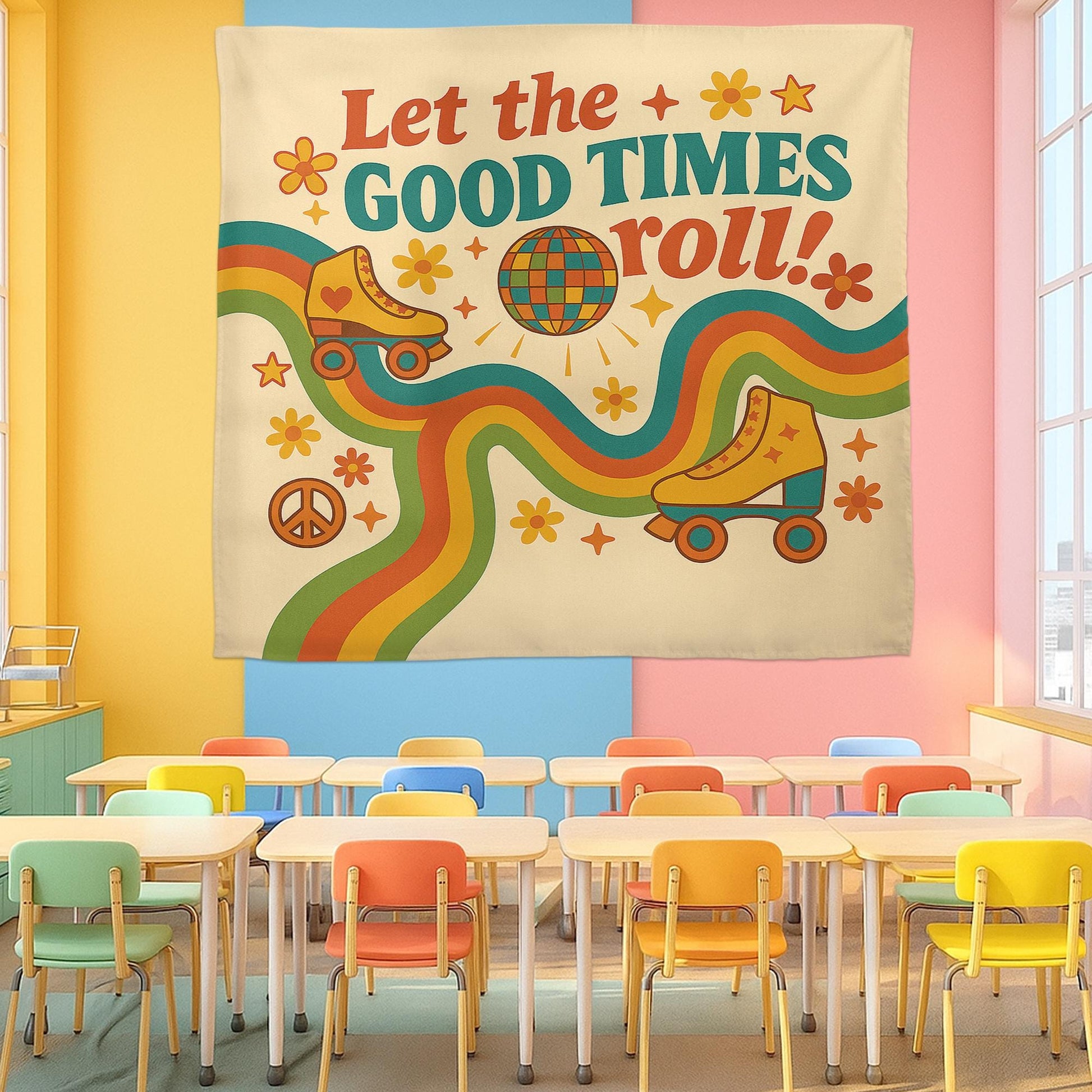 Let the Good Times Roll Classroom Tapestry - Retro Roller Skate Wall Decor, Groovy Teacher Poster, Fun 70s Vibes Back To School Decoration