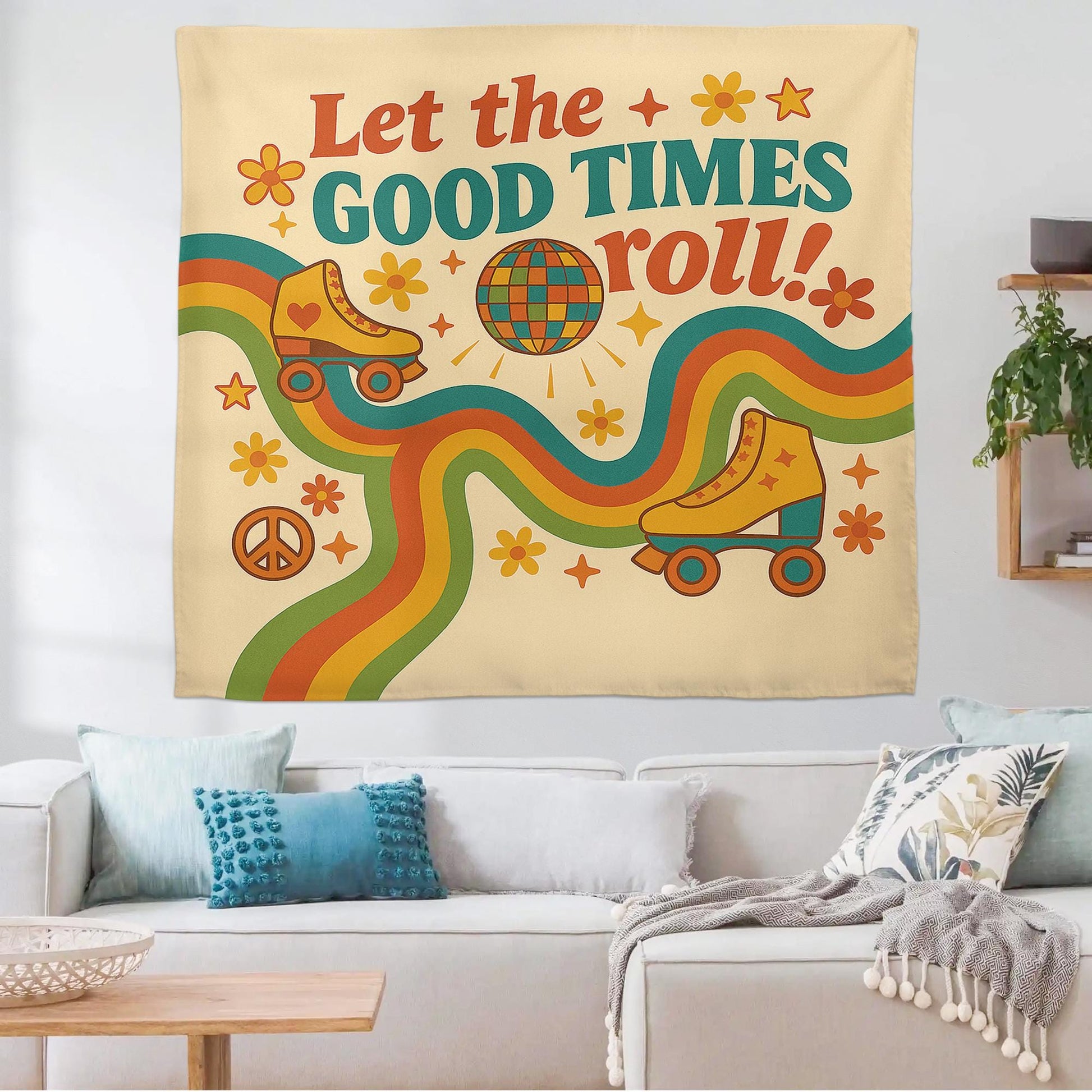 Let the Good Times Roll Classroom Tapestry - Retro Roller Skate Wall Decor, Groovy Teacher Poster, Fun 70s Vibes Back To School Decoration