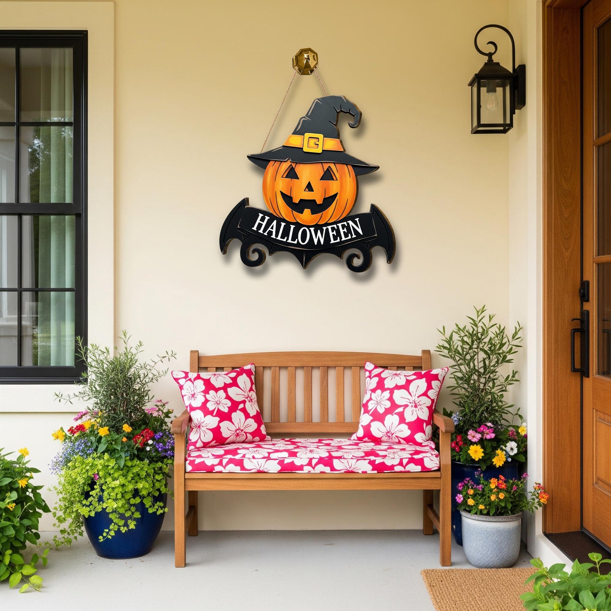 Halloween Pumpkin Door Hanger, Jack O' Lantern Wood Sign, Spooky Front Door Decor with Witch Hat, Fall Porch Decoration