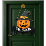 Halloween Pumpkin Door Hanger, Jack O' Lantern Wood Sign, Spooky Front Door Decor with Witch Hat, Fall Porch Decoration