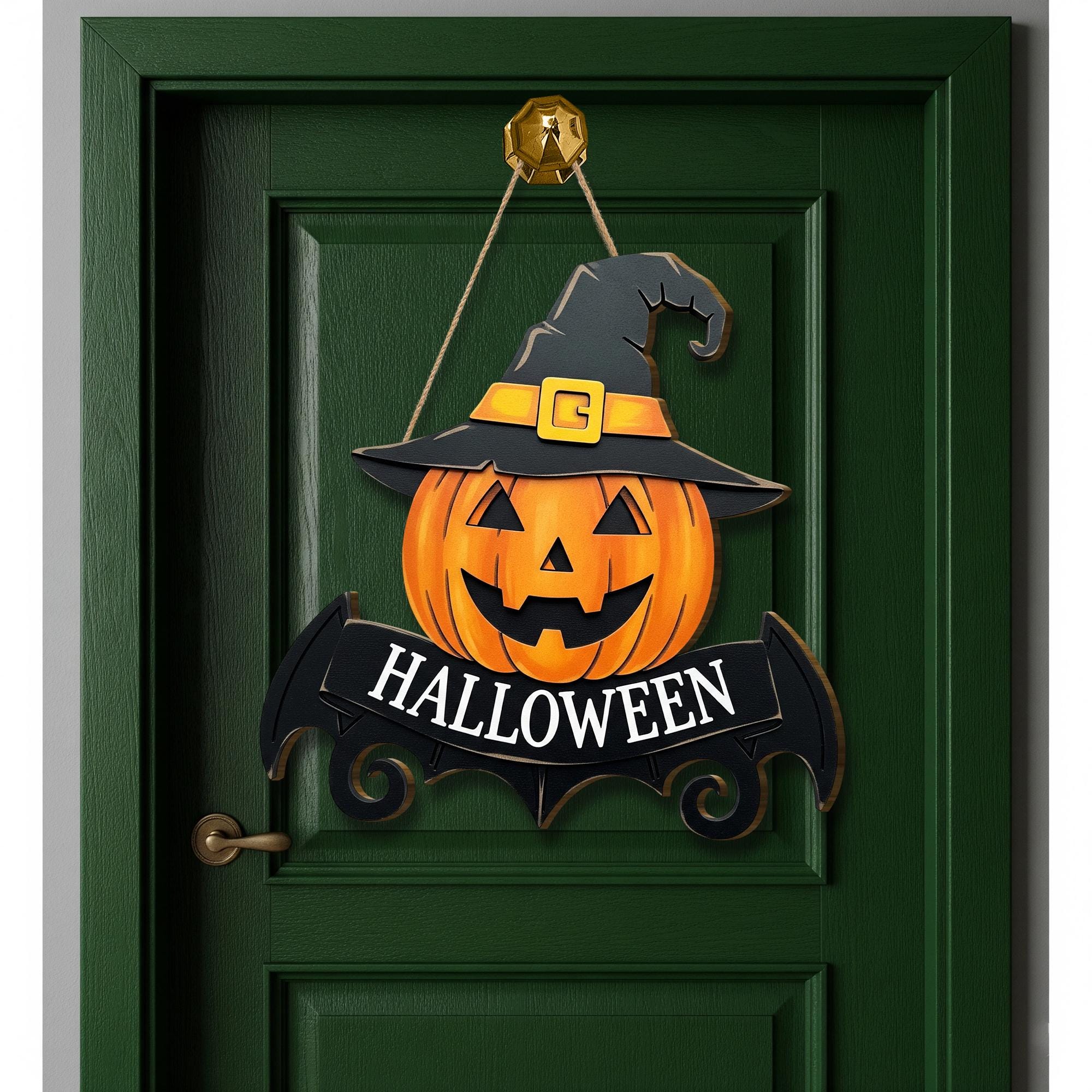 Halloween Pumpkin Door Hanger, Jack O' Lantern Wood Sign, Spooky Front Door Decor with Witch Hat, Fall Porch Decoration