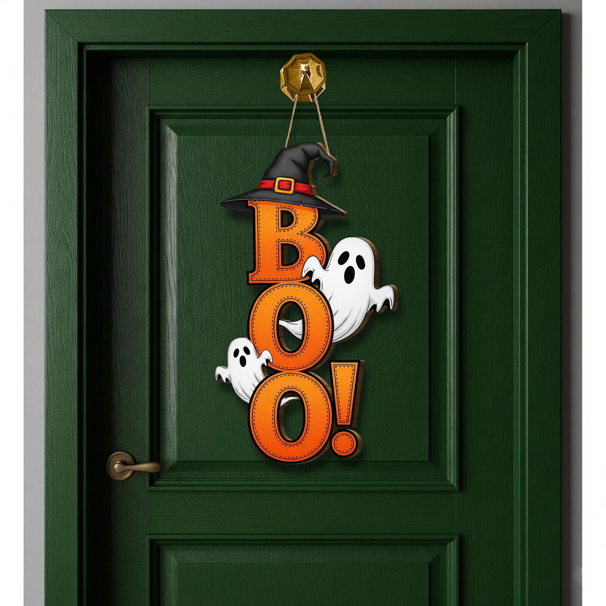Boo Halloween Door Hanger, Vertical Wood Sign with Ghosts, Spooky Cute Front Door Decor, Witch Hat Wreath, Fall Porch Decoration