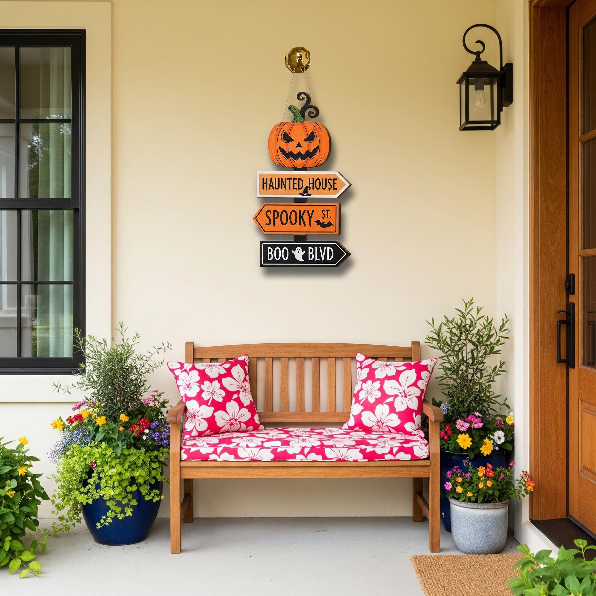 Halloween Directional Sign, Spooky Pumpkin Door Hanger, Haunted House Wood Decor, Jack O' Lantern Front Door Wreath, Fall Porch Sign