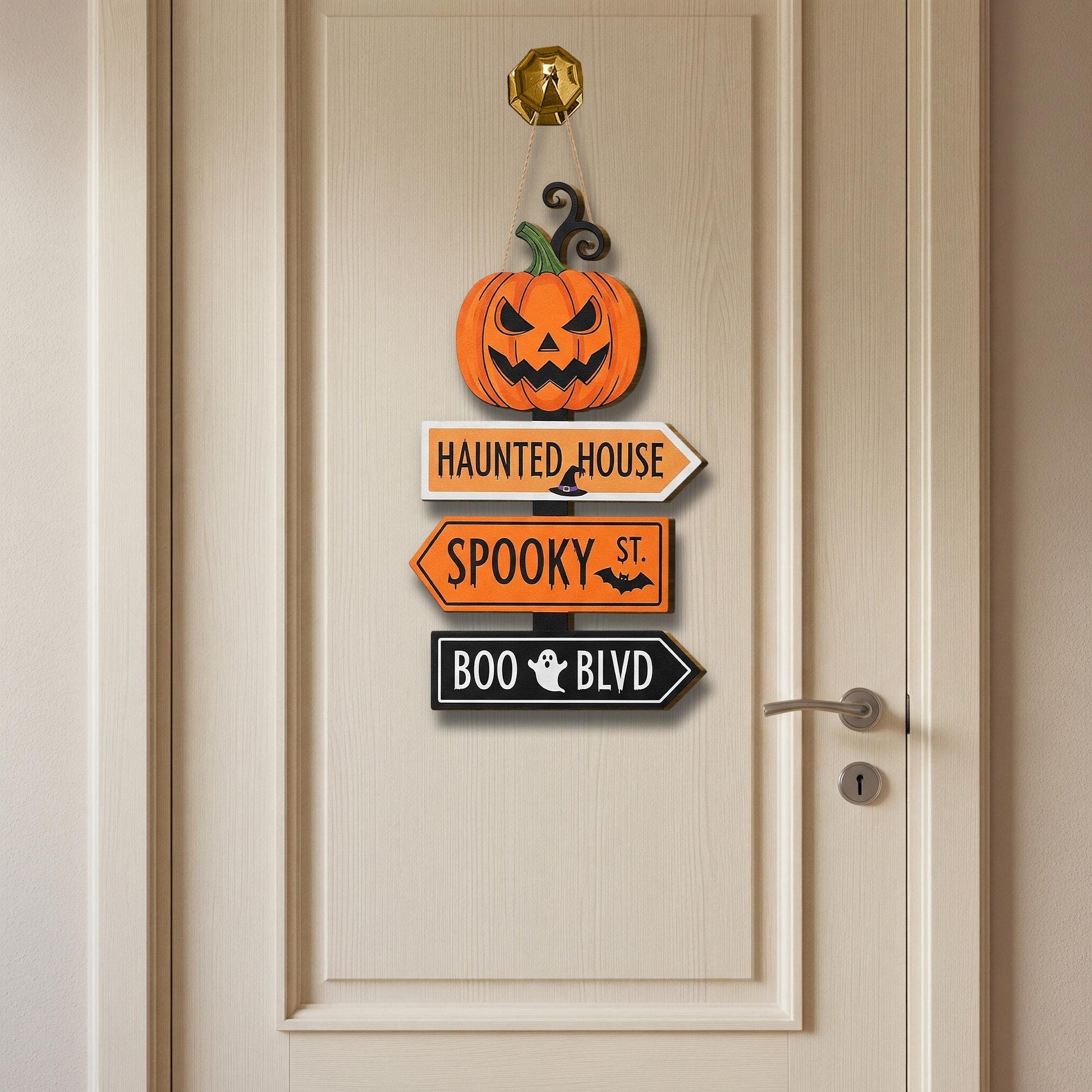 Halloween Directional Sign, Spooky Pumpkin Door Hanger, Haunted House Wood Decor, Jack O' Lantern Front Door Wreath, Fall Porch Sign