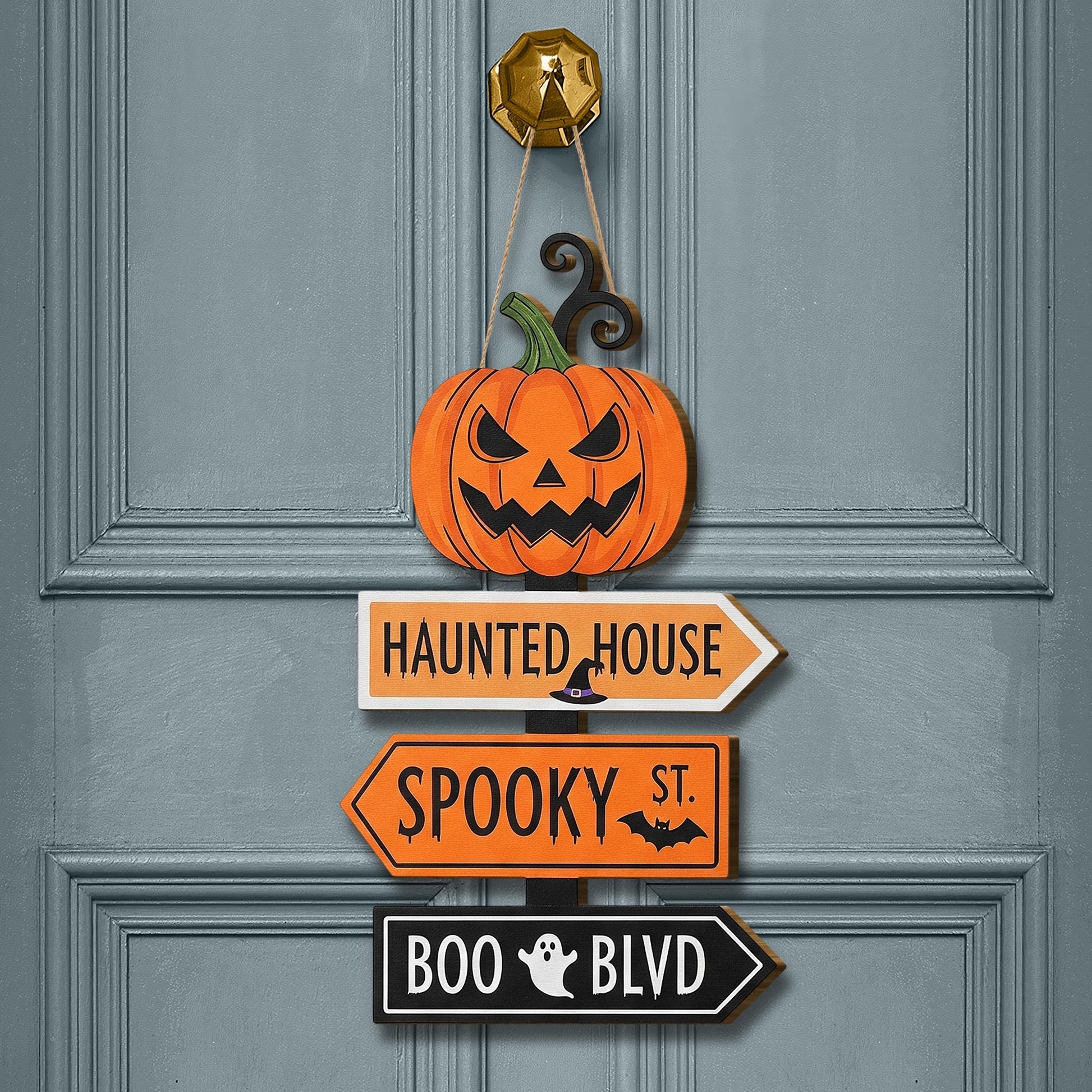 Halloween Directional Sign, Spooky Pumpkin Door Hanger, Haunted House Wood Decor, Jack O' Lantern Front Door Wreath, Fall Porch Sign