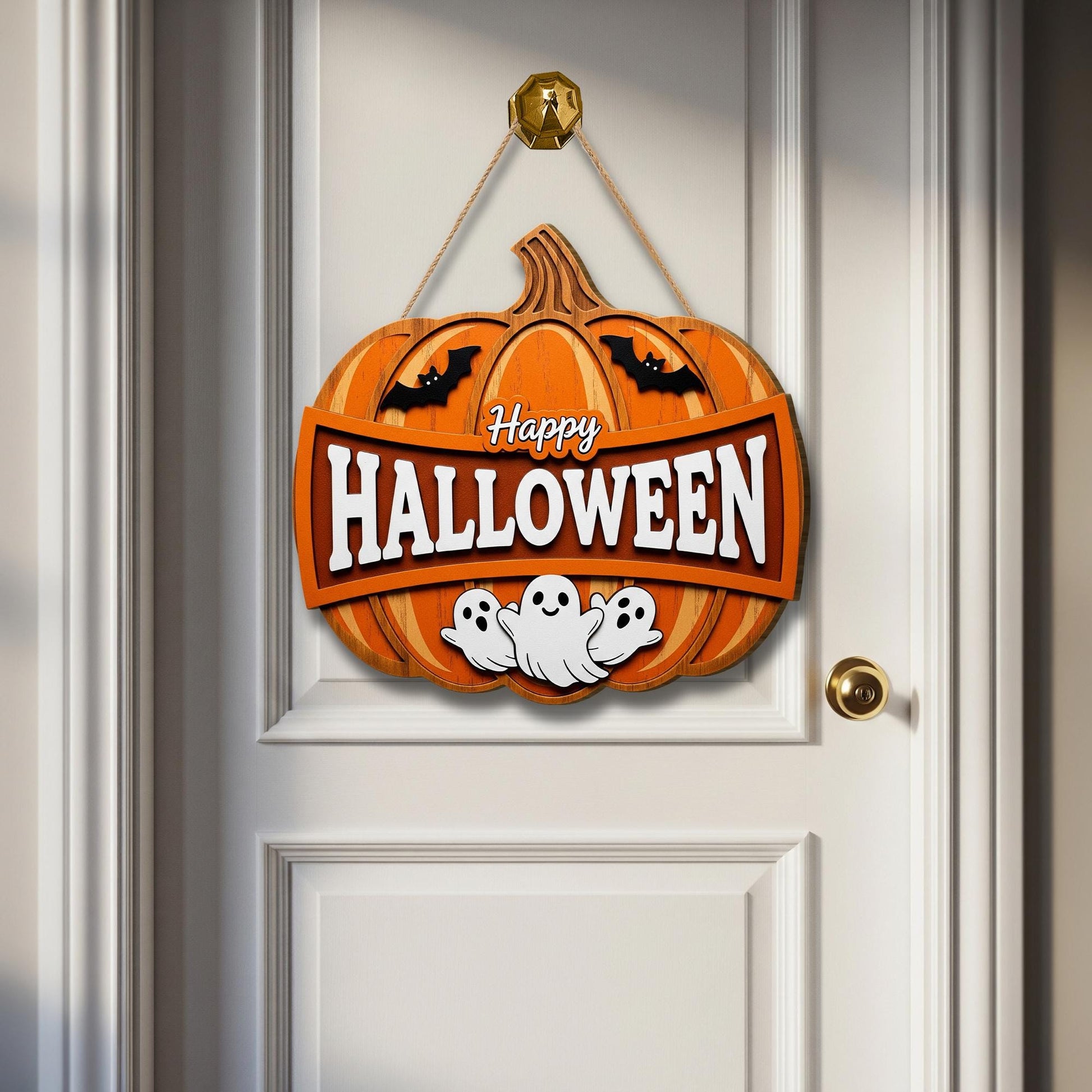 Happy Halloween Sign, Wooden Pumpkin Door Hanger with Ghosts, Rustic Front Door Decor, 3D Farmhouse Porch Sign, Spooky Cute Wreath