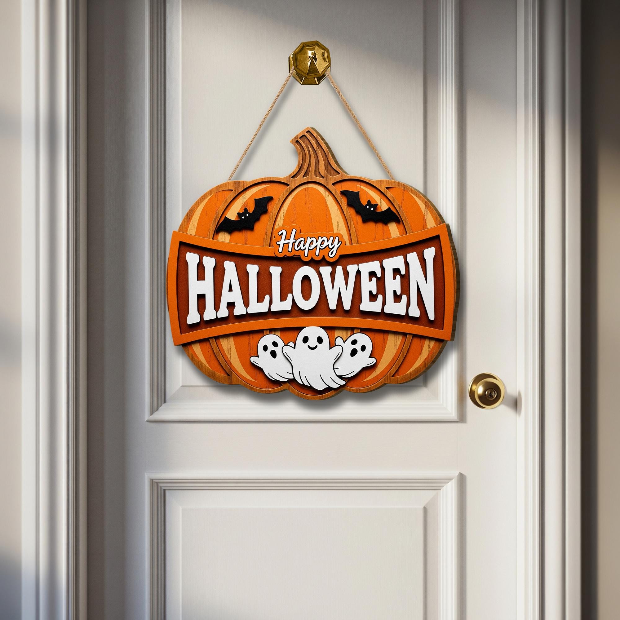 Happy Halloween Sign, Wooden Pumpkin Door Hanger with Ghosts, Rustic Front Door Decor, 3D Farmhouse Porch Sign, Spooky Cute Wreath