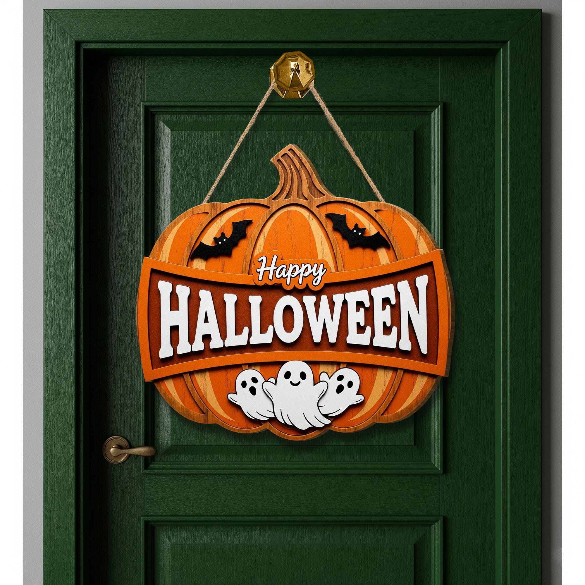 Happy Halloween Sign, Wooden Pumpkin Door Hanger with Ghosts, Rustic Front Door Decor, 3D Farmhouse Porch Sign, Spooky Cute Wreath