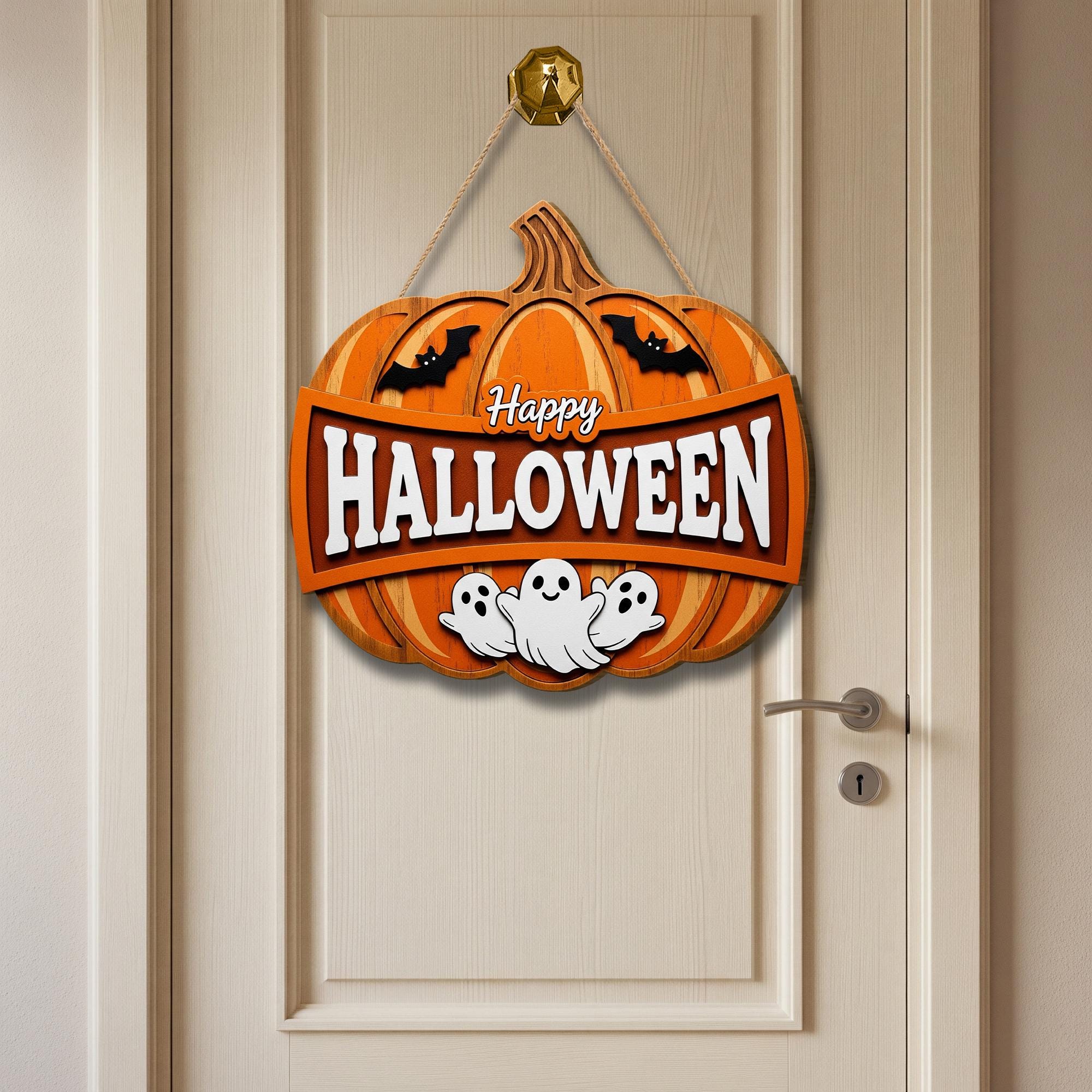 Happy Halloween Sign, Wooden Pumpkin Door Hanger with Ghosts, Rustic Front Door Decor, 3D Farmhouse Porch Sign, Spooky Cute Wreath