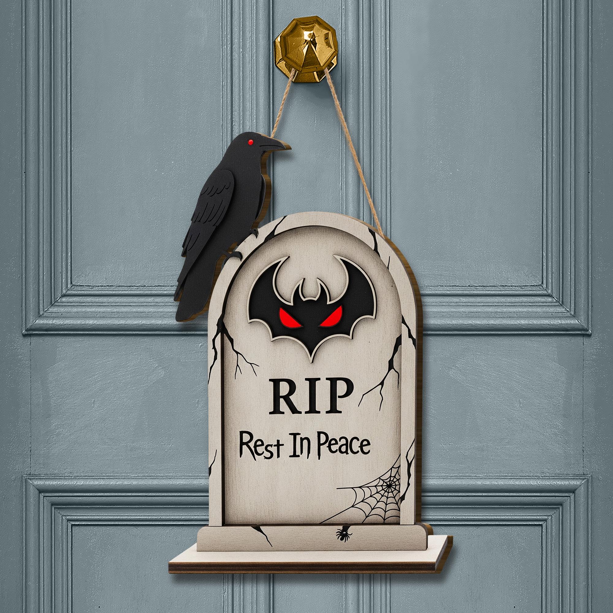 Tombstone Door Hanger, RIP Rest In Peace Sign, Spooky Halloween Decor with Crow, Gothic Front Door Wreath, Gravestone Porch Sign