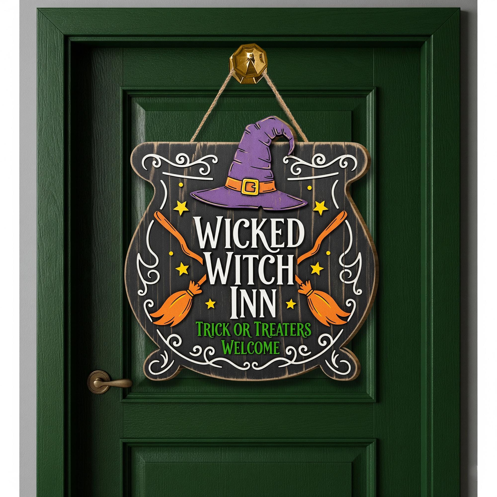 Wicked Witch Inn Sign, Halloween Cauldron Door Hanger, Spooky Front Door Decor, Trick or Treaters Welcome Wreath, Witchy Porch Sign