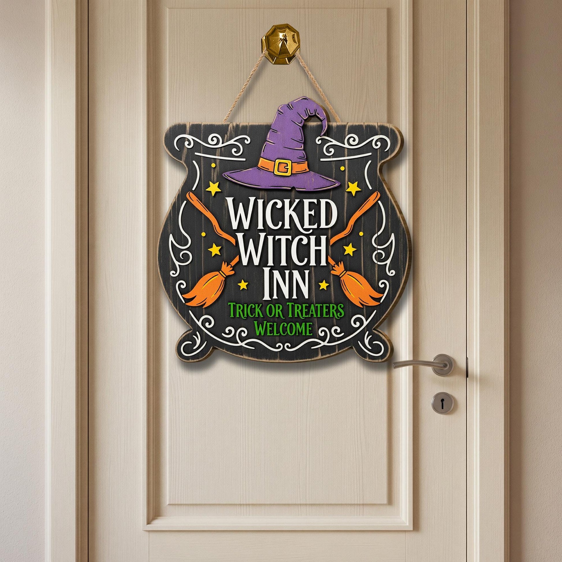 Wicked Witch Inn Sign, Halloween Cauldron Door Hanger, Spooky Front Door Decor, Trick or Treaters Welcome Wreath, Witchy Porch Sign